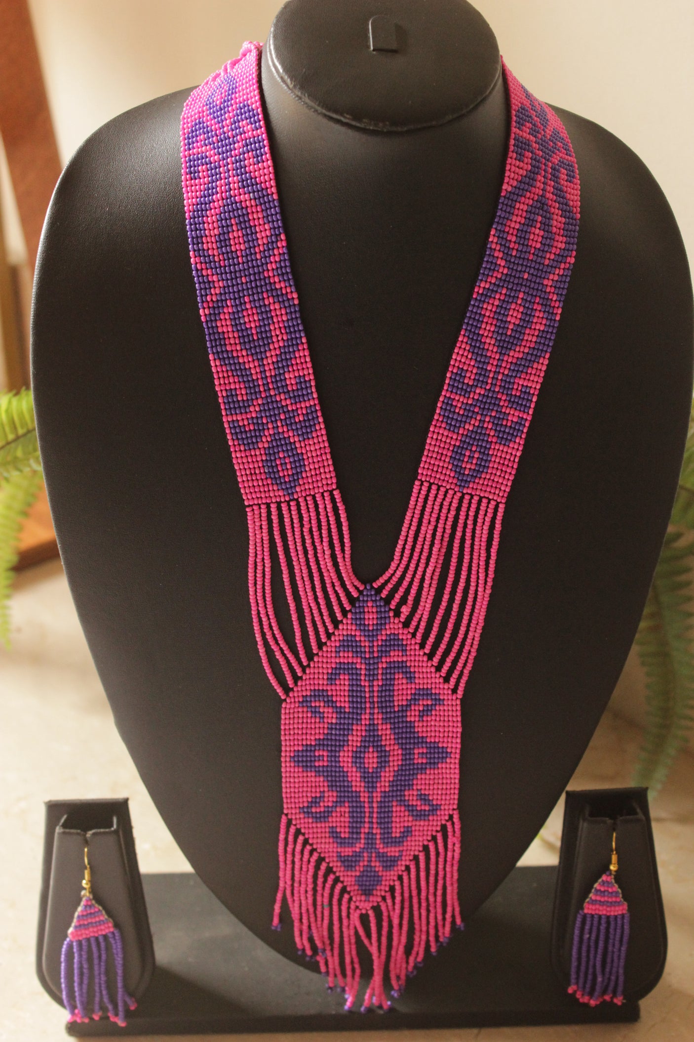 Pink and Purple Multi-Layer Hand Beaded Long Necklace Set