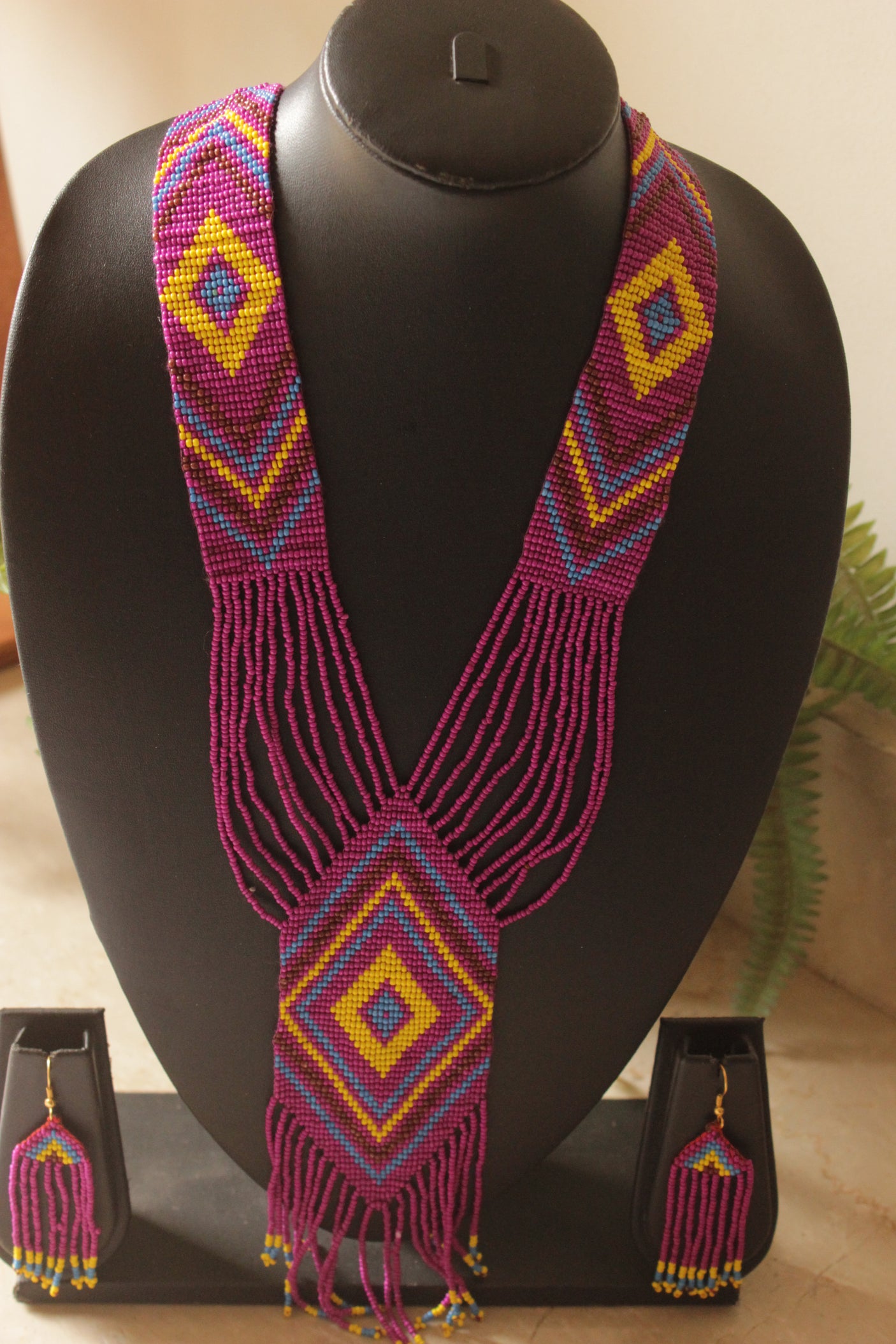 Purple and Yellow Hand Beaded Long Necklace Set