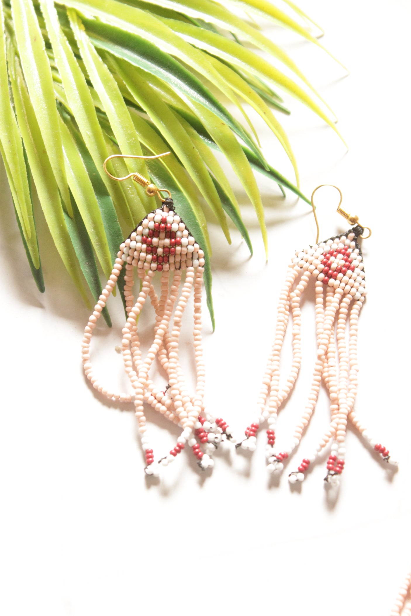 Earthy Beige Hand Beaded Long Necklace Set