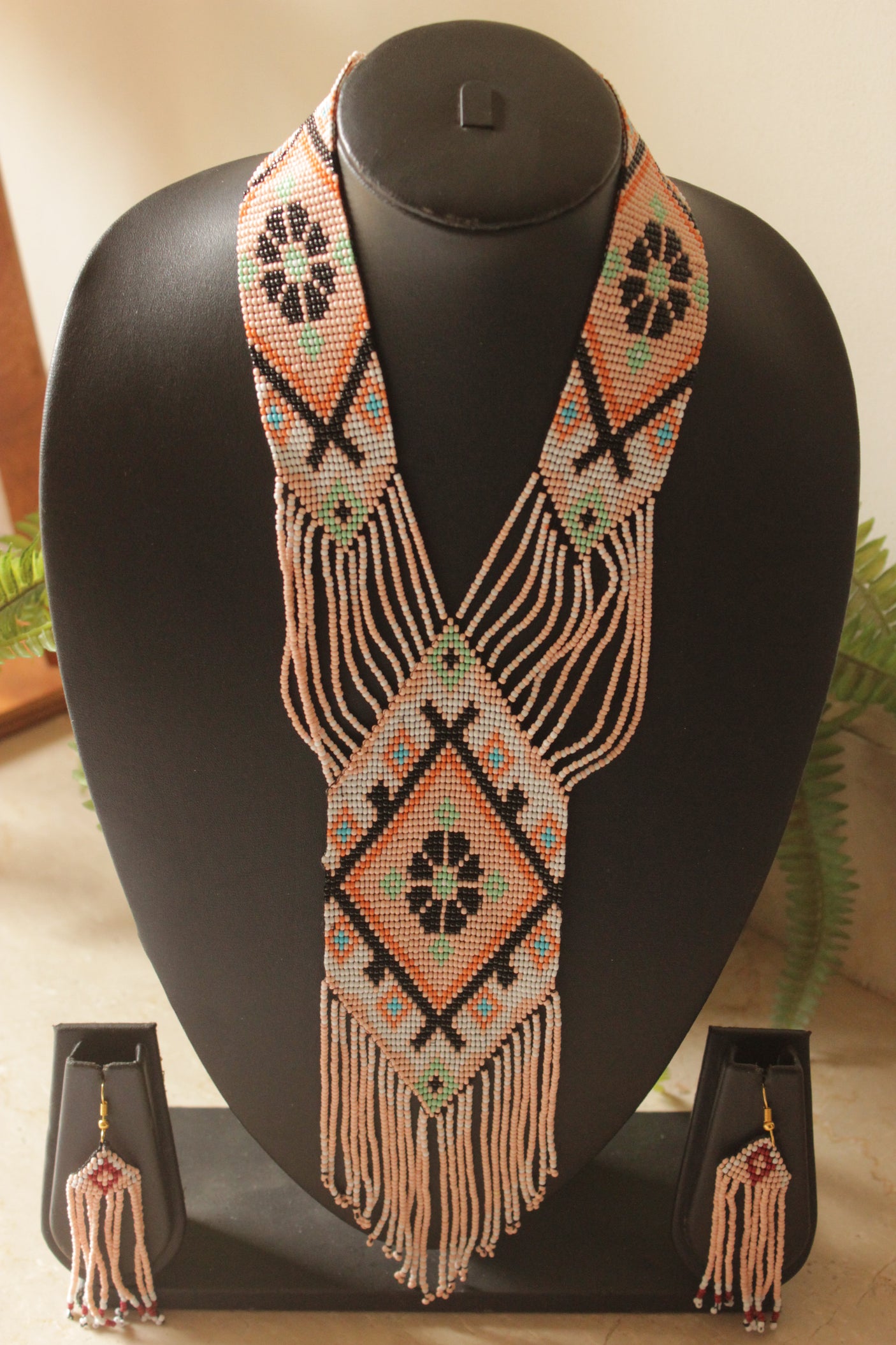 Earthy Beige Hand Beaded Long Necklace Set