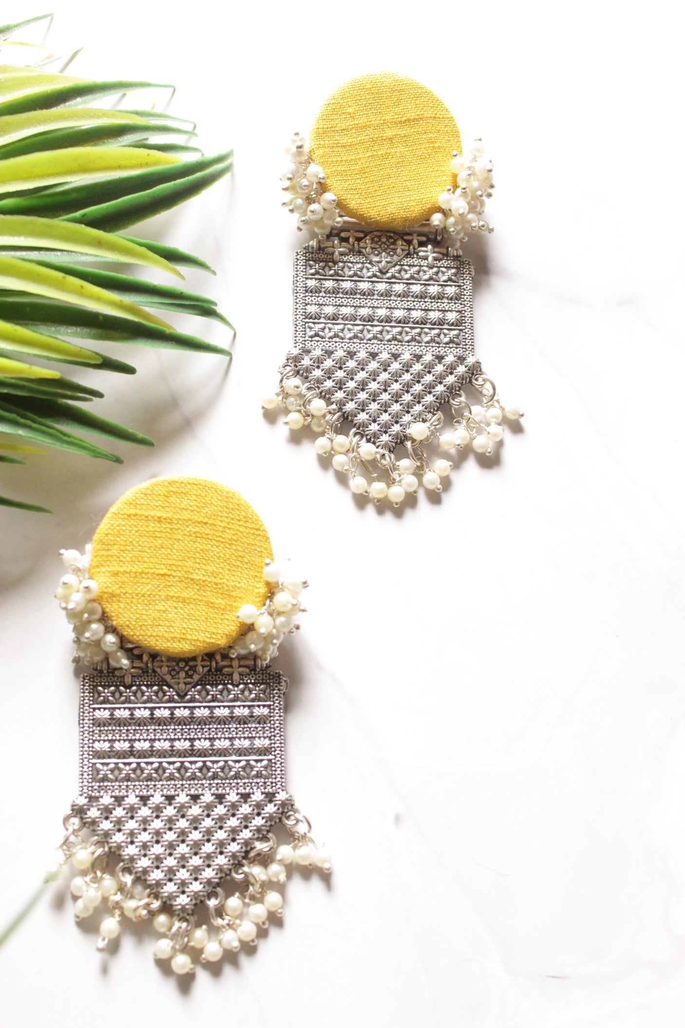 Yellow Fabric and Metal Earrings