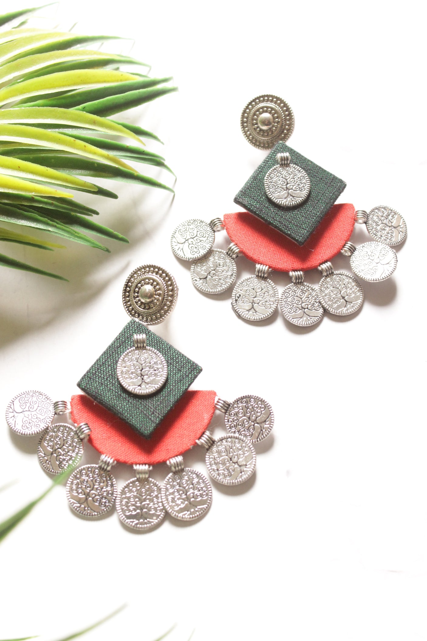 Green and Red Fabric and Stamped Metal Coins Accents