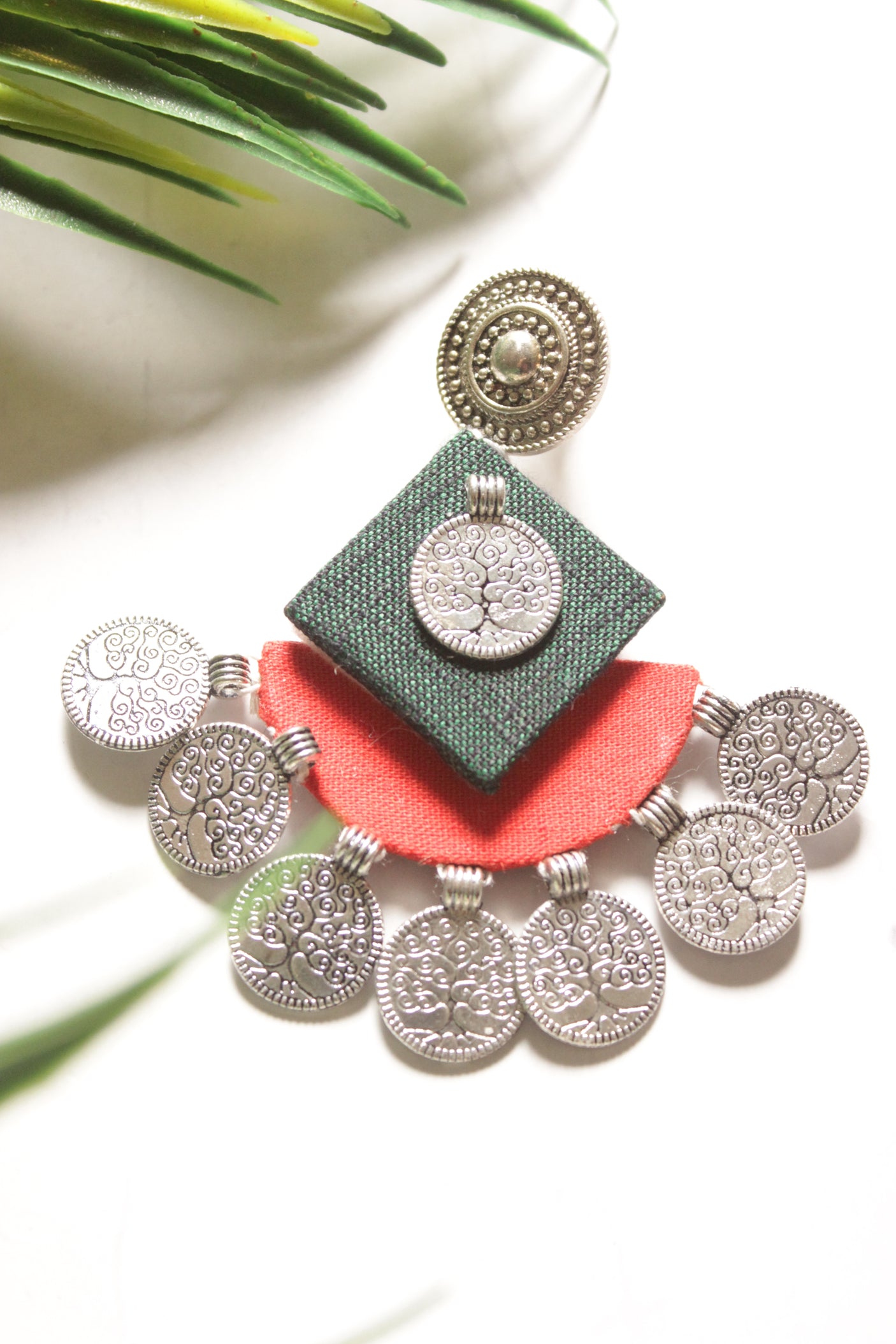 Green and Red Fabric and Stamped Metal Coins Accents