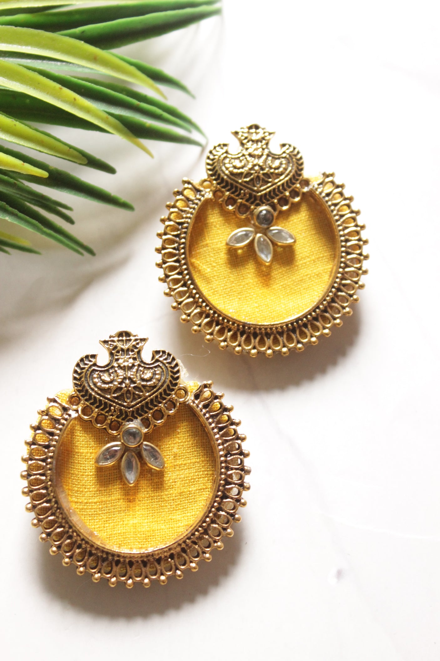 Yellow Fabric and Matt Gold Finish Metal Earrings