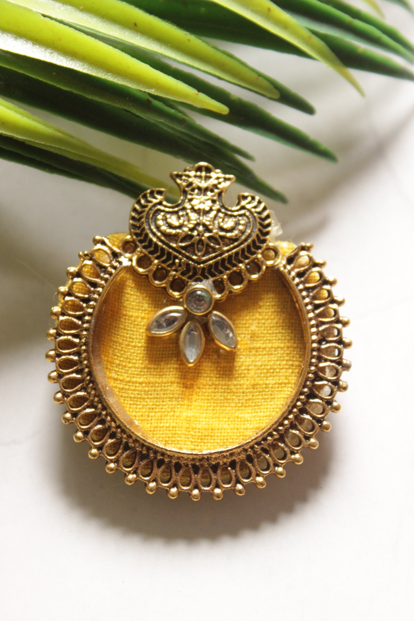 Yellow Fabric and Matt Gold Finish Metal Earrings