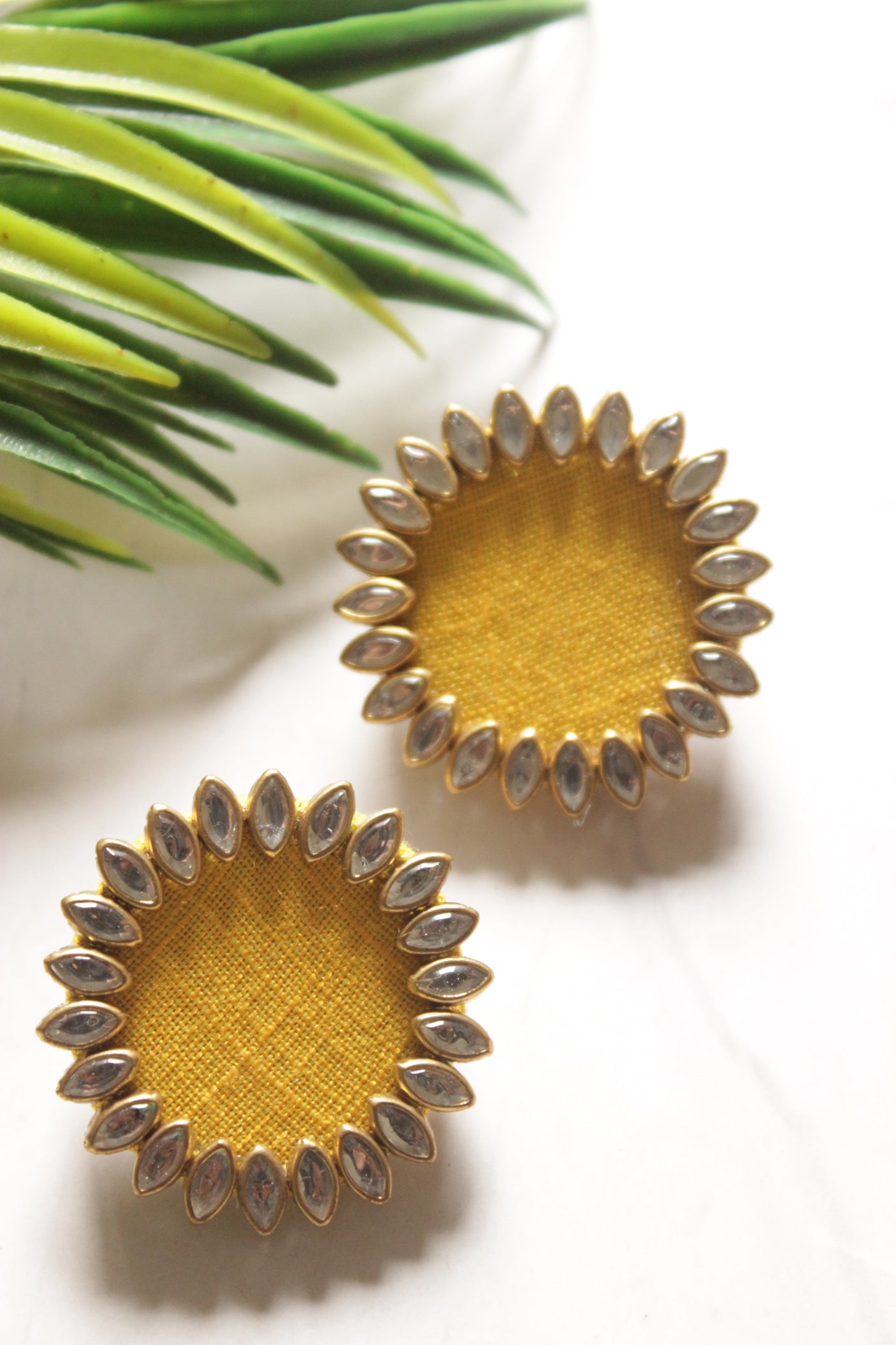 Yellow Fabric and Kundan Stones Embellished Stud Earrings