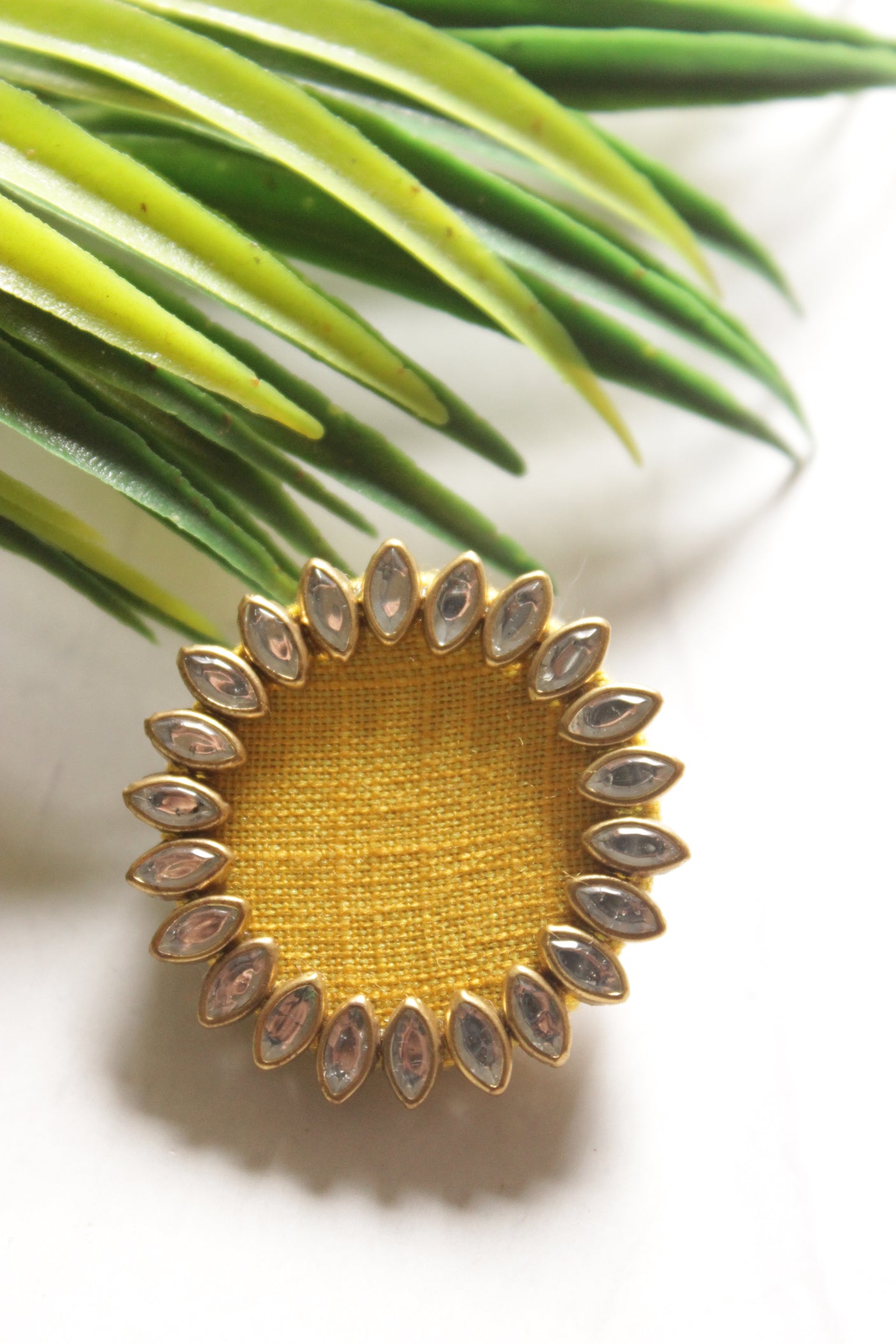 Yellow Fabric and Kundan Stones Embellished Stud Earrings