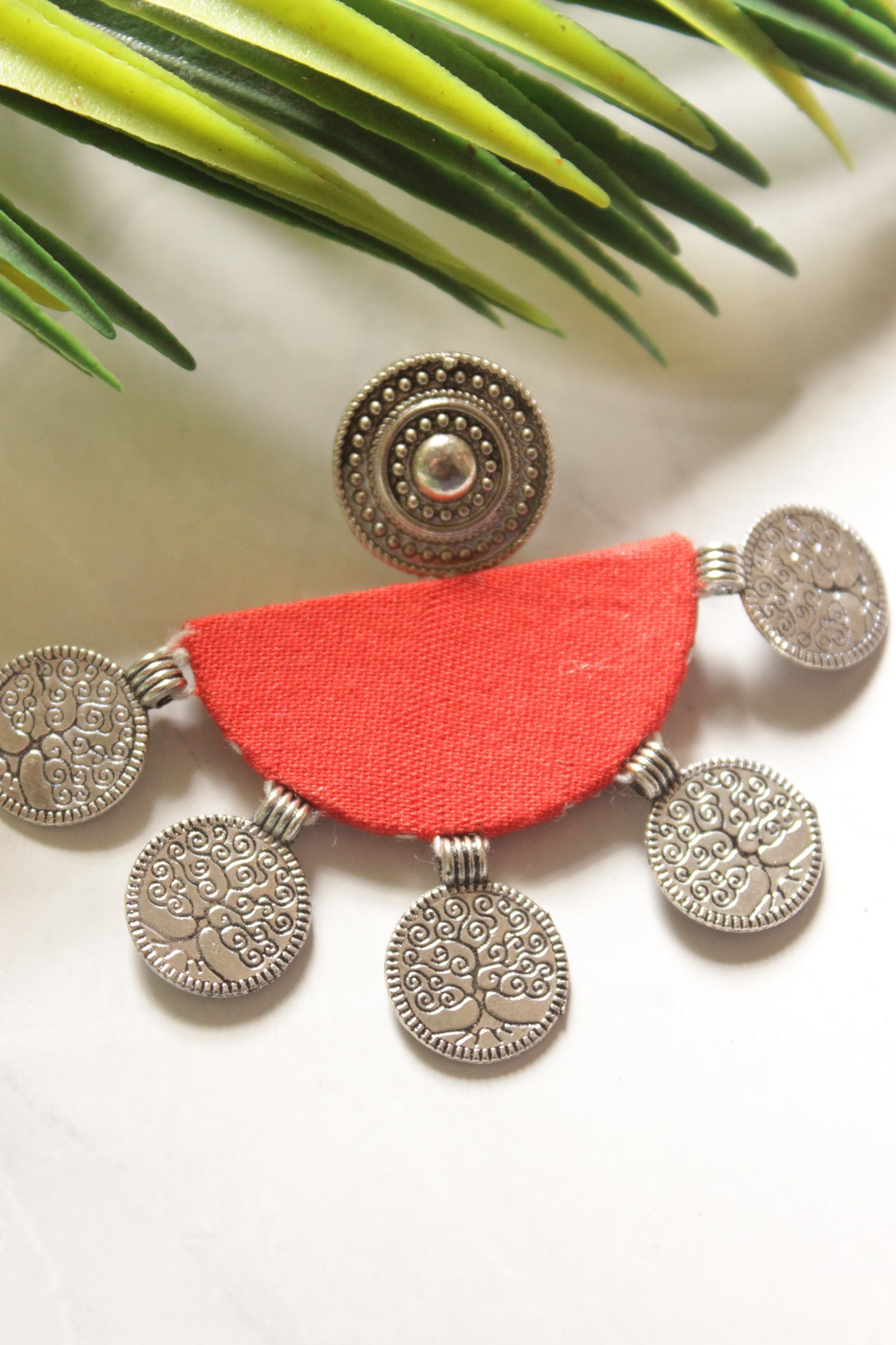 Red Fabric Half Moon Shape Earrings with Stamped Metal Coins Accents