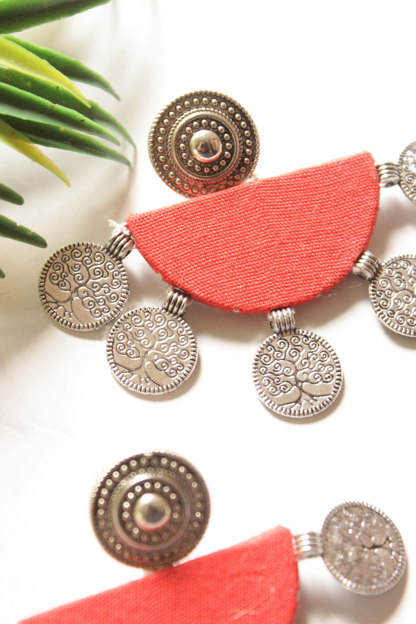 Red Fabric Half Moon Shape Earrings with Stamped Metal Coins Accents