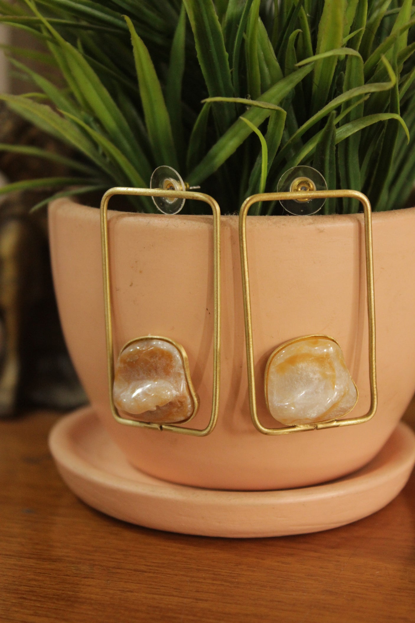 Baroque Pearl Gemstone Gold Finish Rectangular Brass Earrings