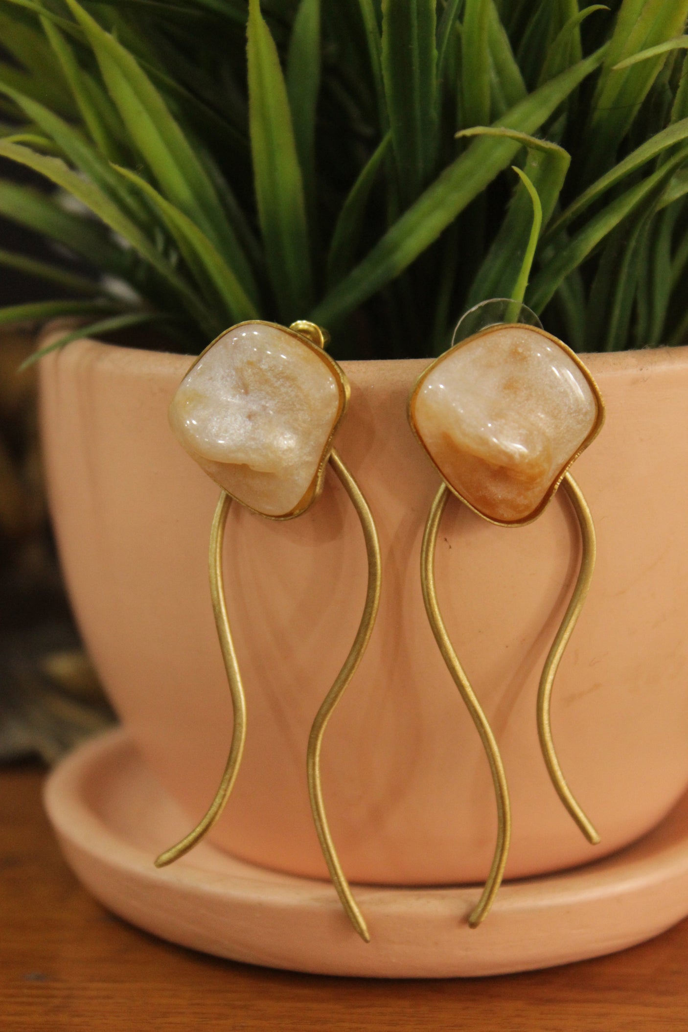 Baroque Pearl Gemstone Gold Finish Brass Earrings