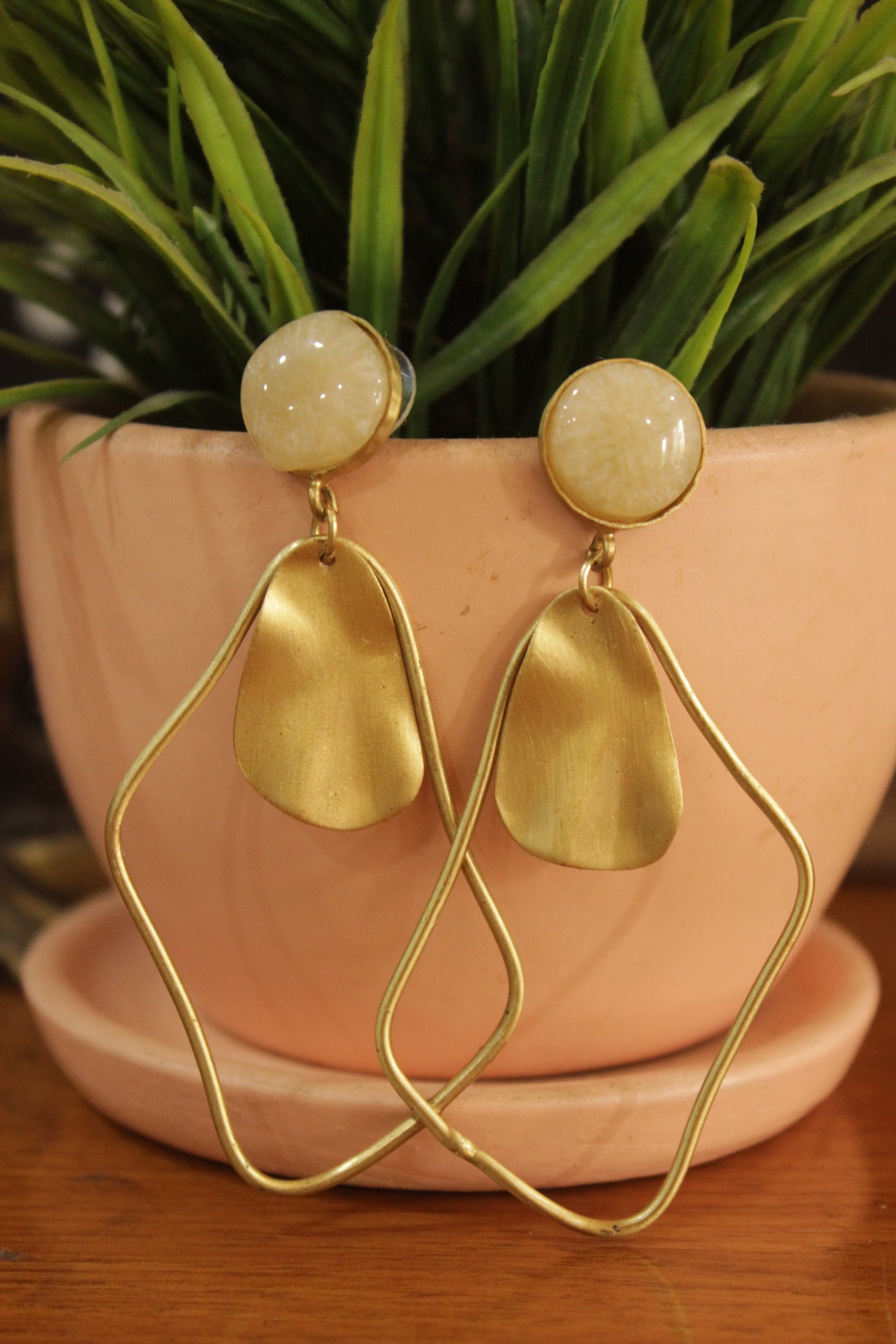 Ivory Gemstone Gold Finish Brass Earrings