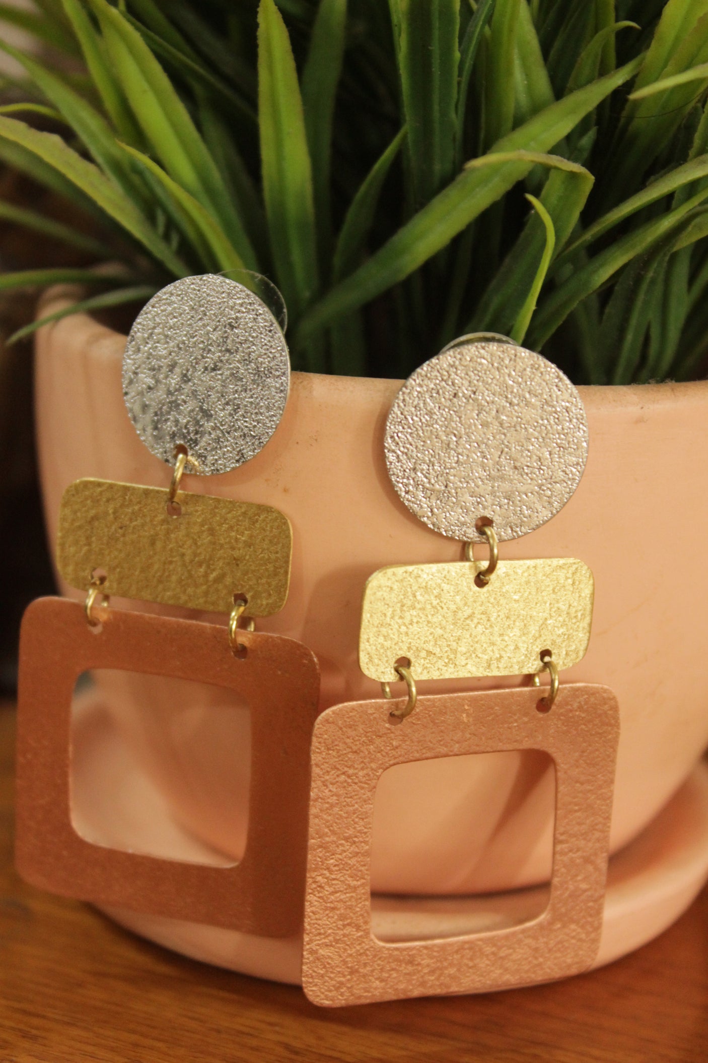 Brass, Gold and Silver Finish Geometrical Earrings