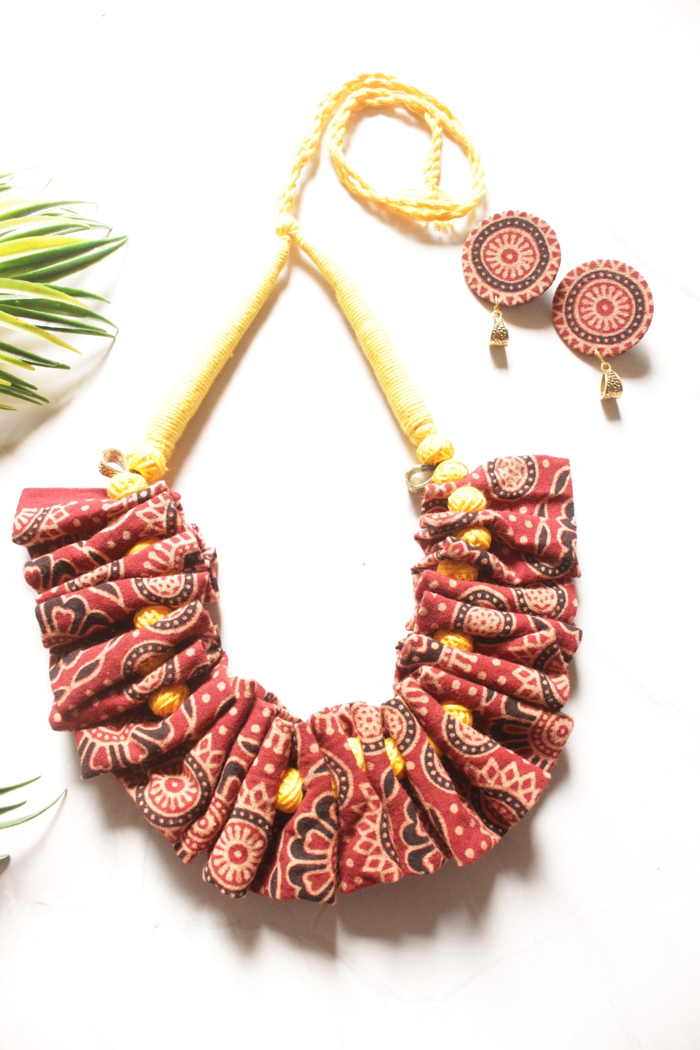 Ajrakh Cotton Fabric and Beads Handmade Necklace Set