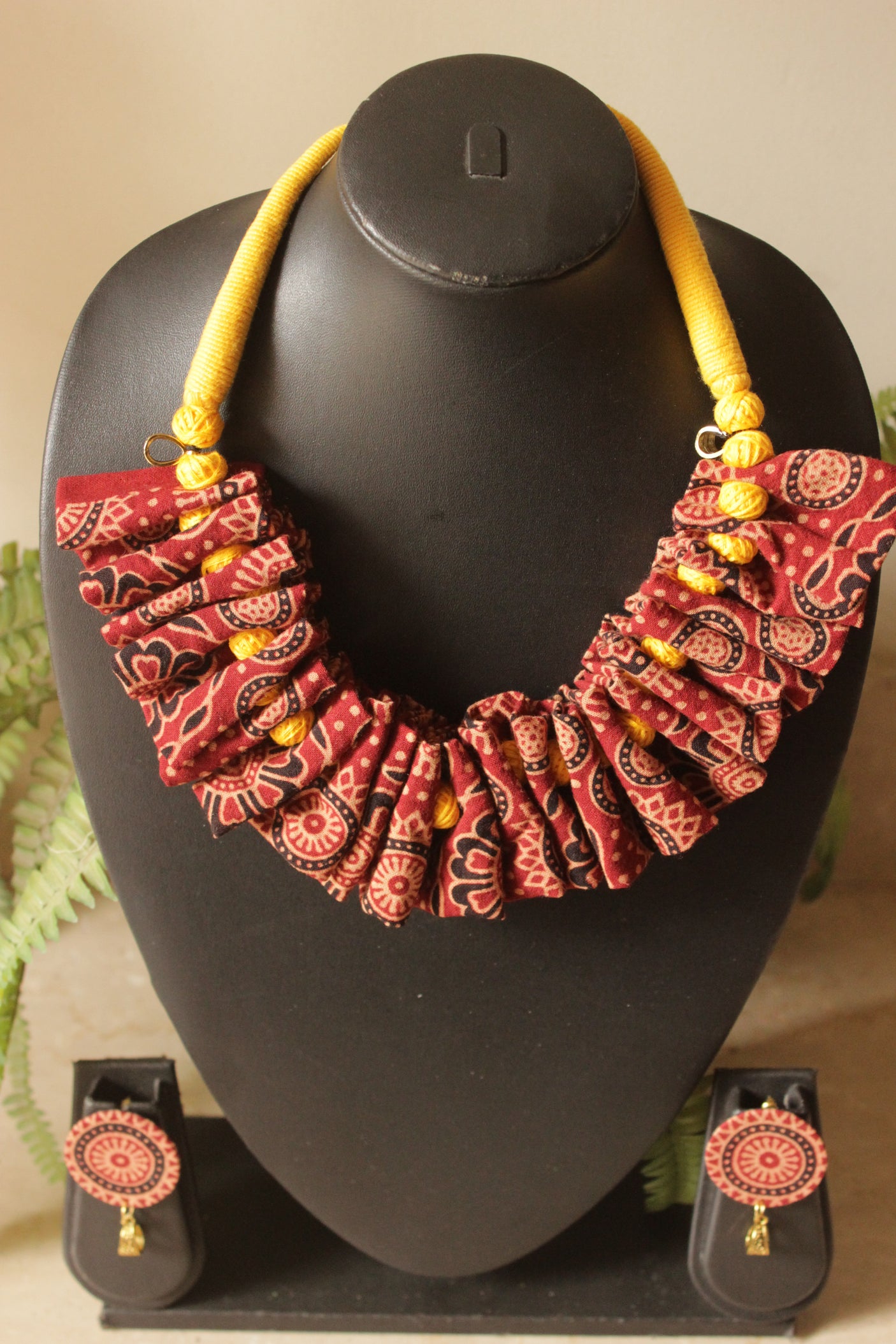 Ajrakh Cotton Fabric and Beads Handmade Necklace Set
