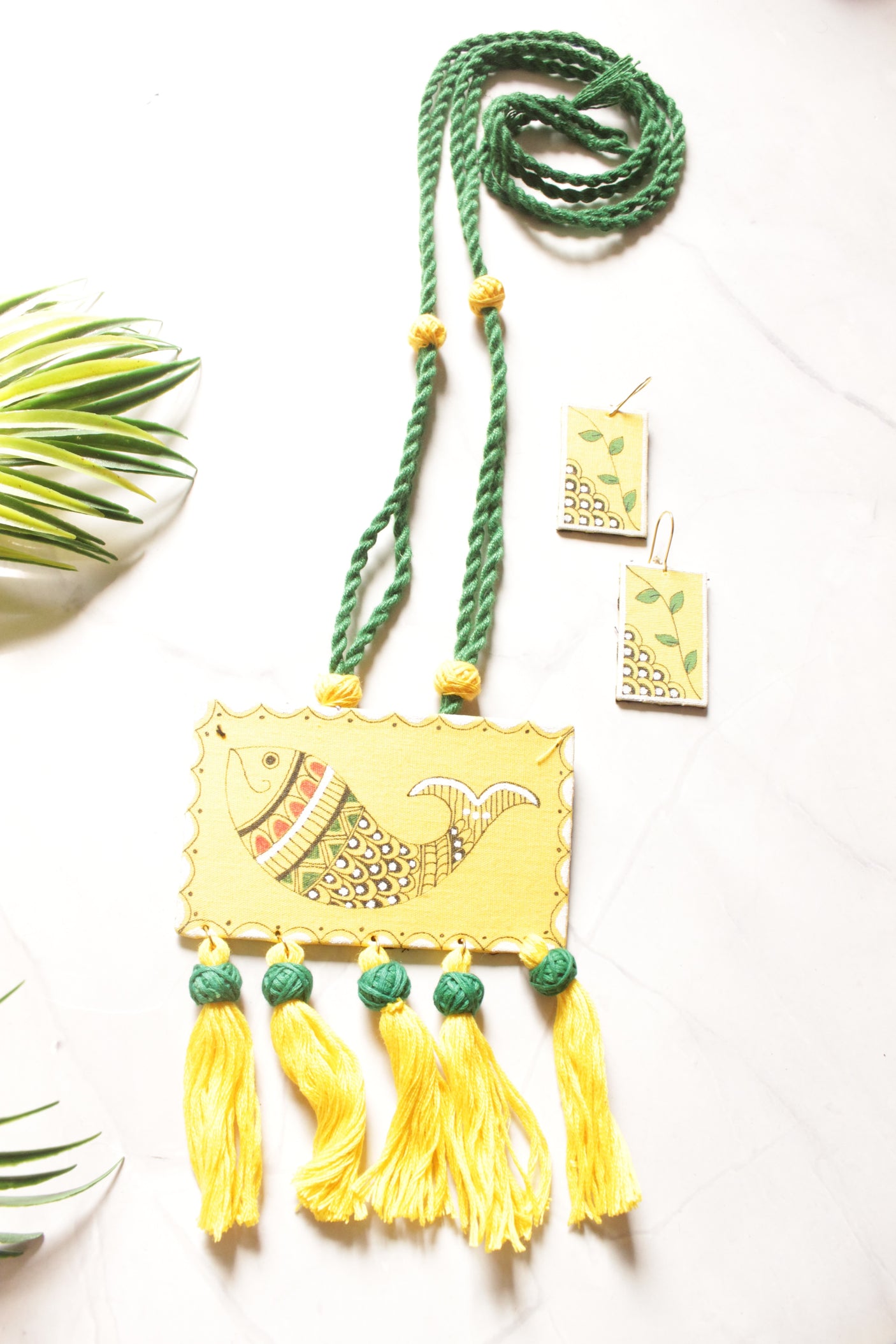 Hand Painted Fish Yellow Fabric Necklace Set