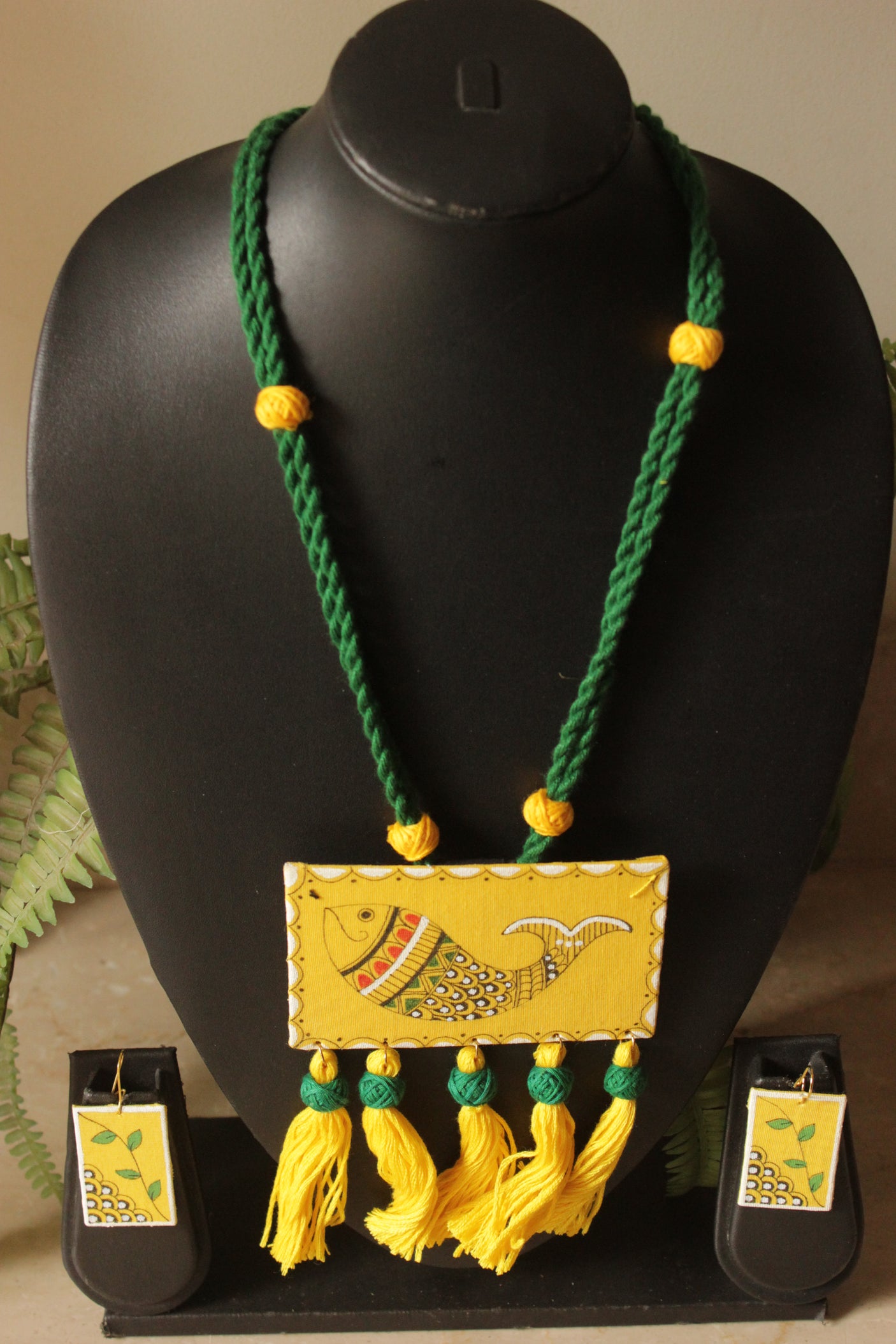 Hand Painted Fish Yellow Fabric Necklace Set
