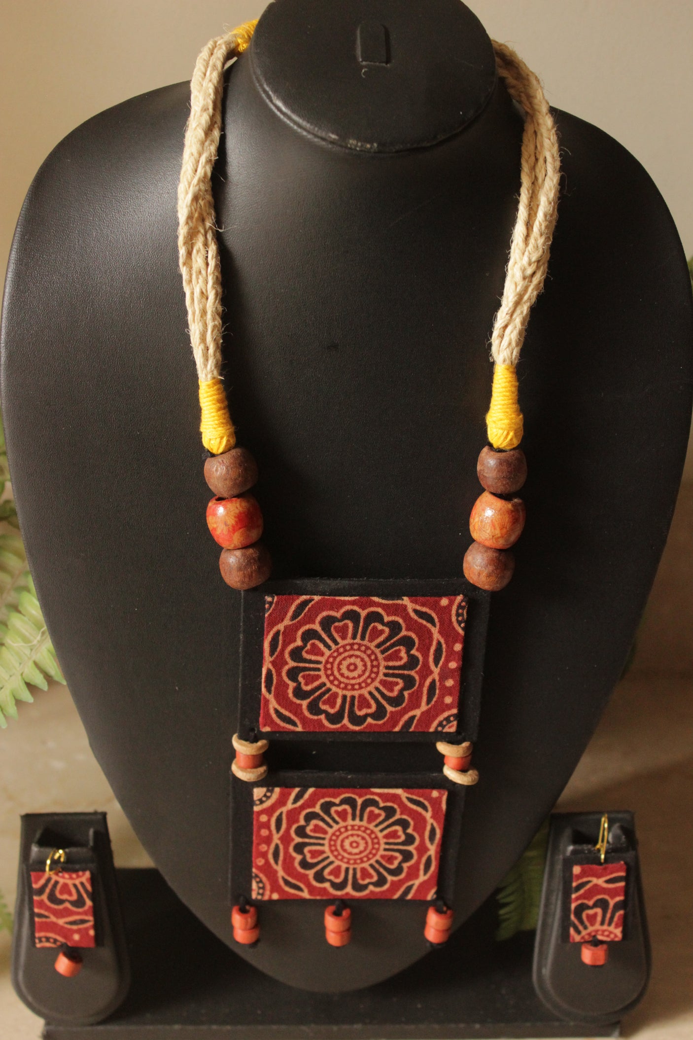 Ajrakh Fabric Handmade Necklace Set with Adjustable Thread Closure