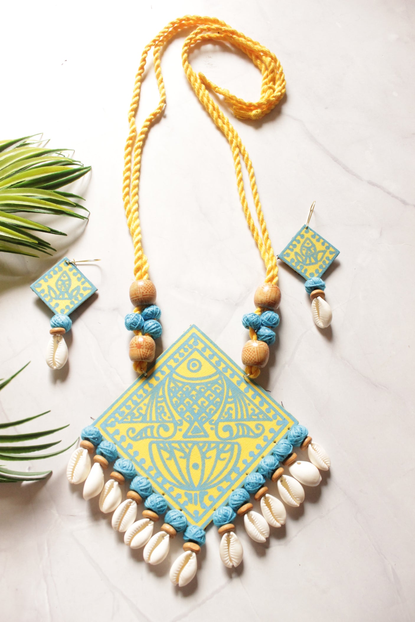 Cotton Block Printed Fabric and Cowri Shells Handmade Necklace Set