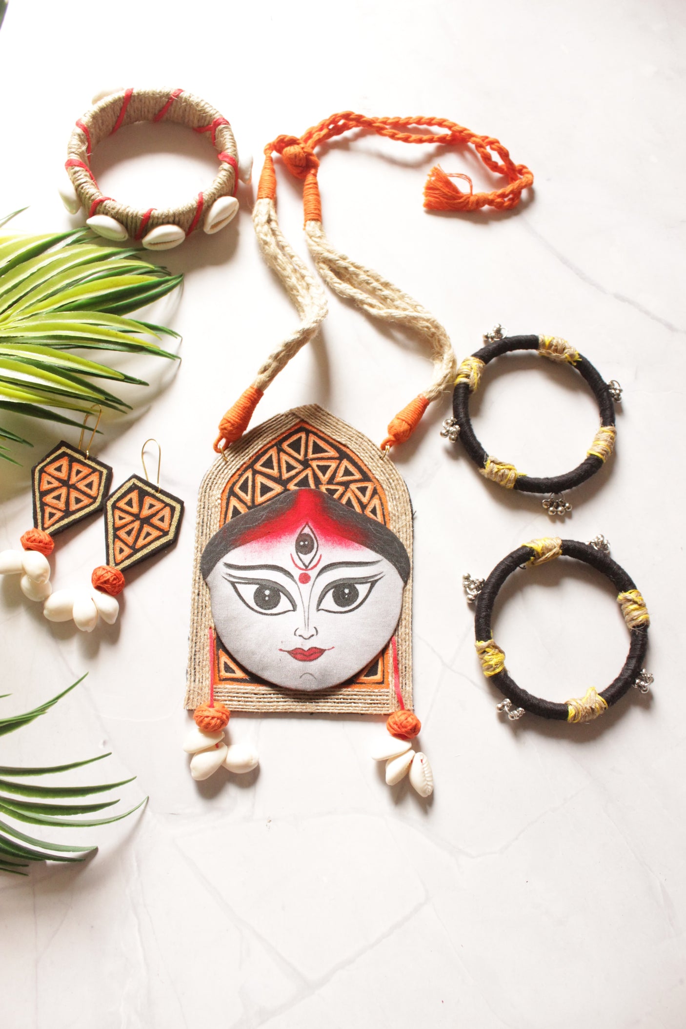 Hand Painted Fabric and Jute Necklace Set with 3 Bangles