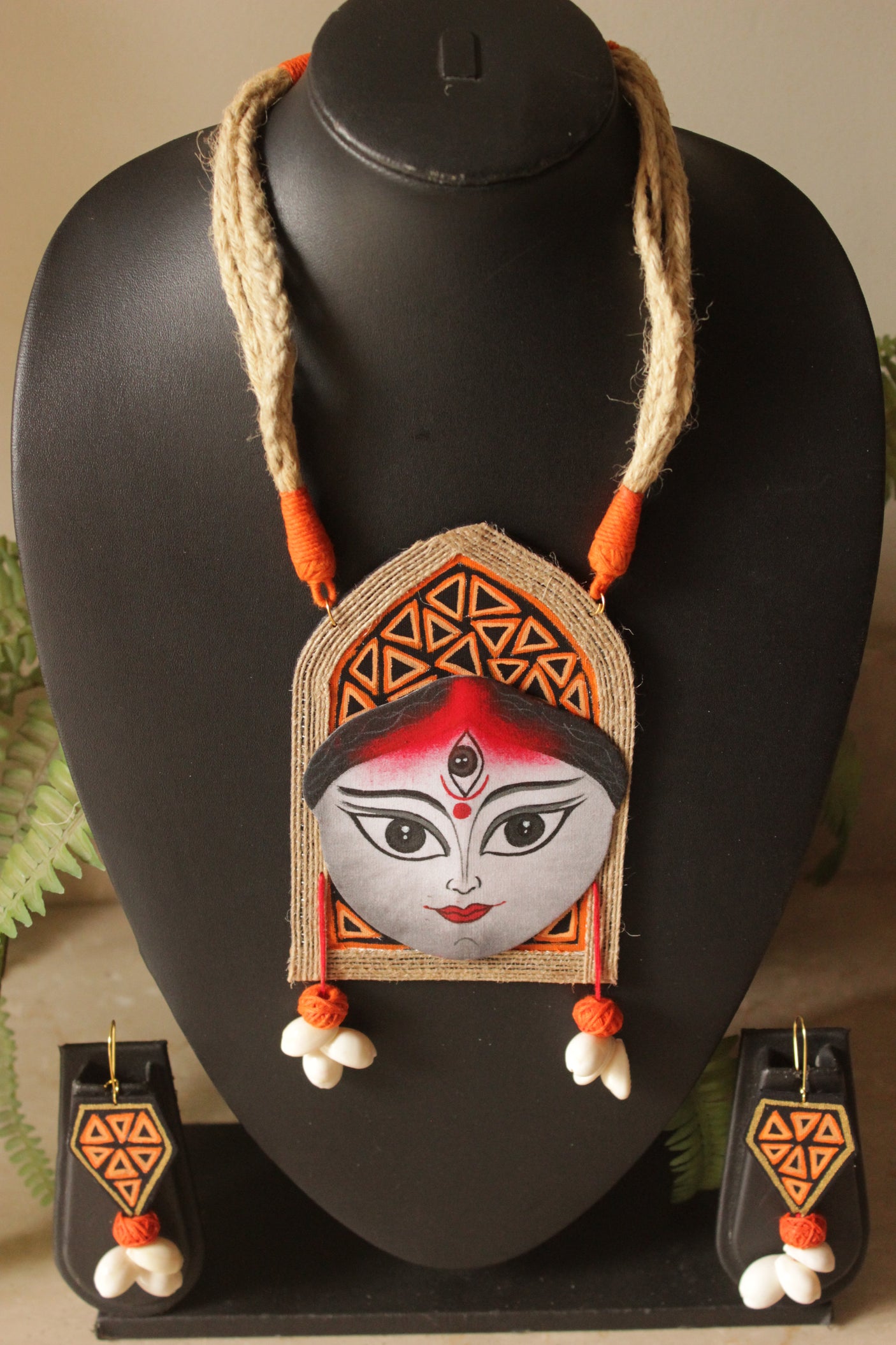 Hand Painted Fabric and Jute Necklace Set with 3 Bangles