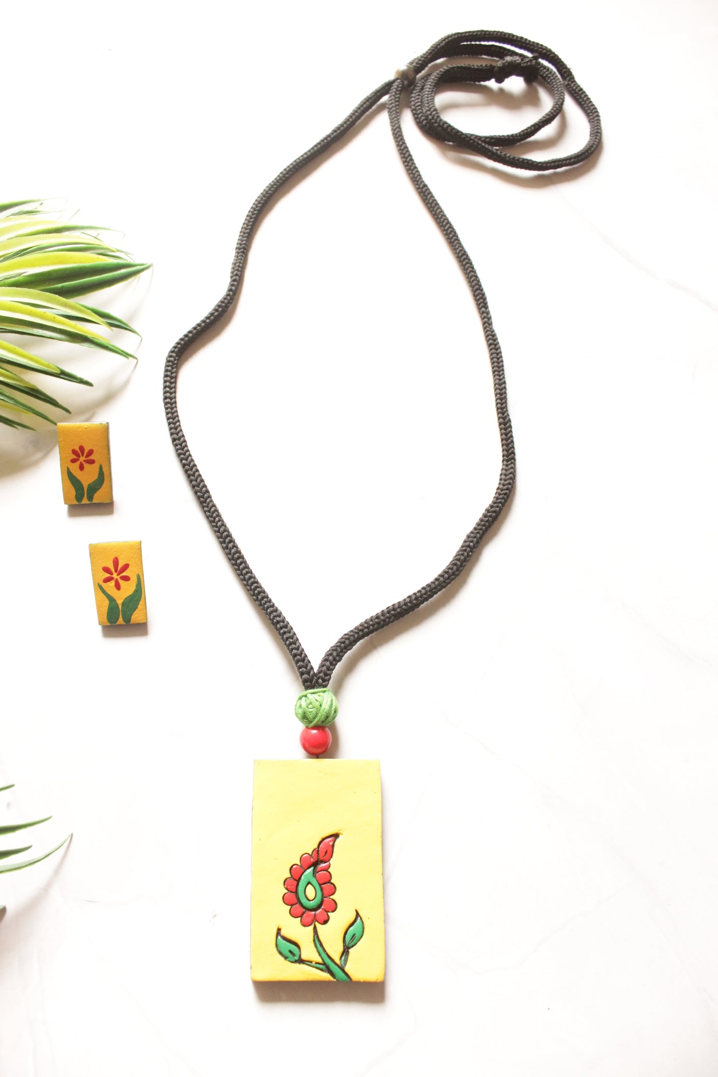 Hand Painted Flowers Terracotta Clay Necklace Set with Adjustable Length Cotton Dori Closure