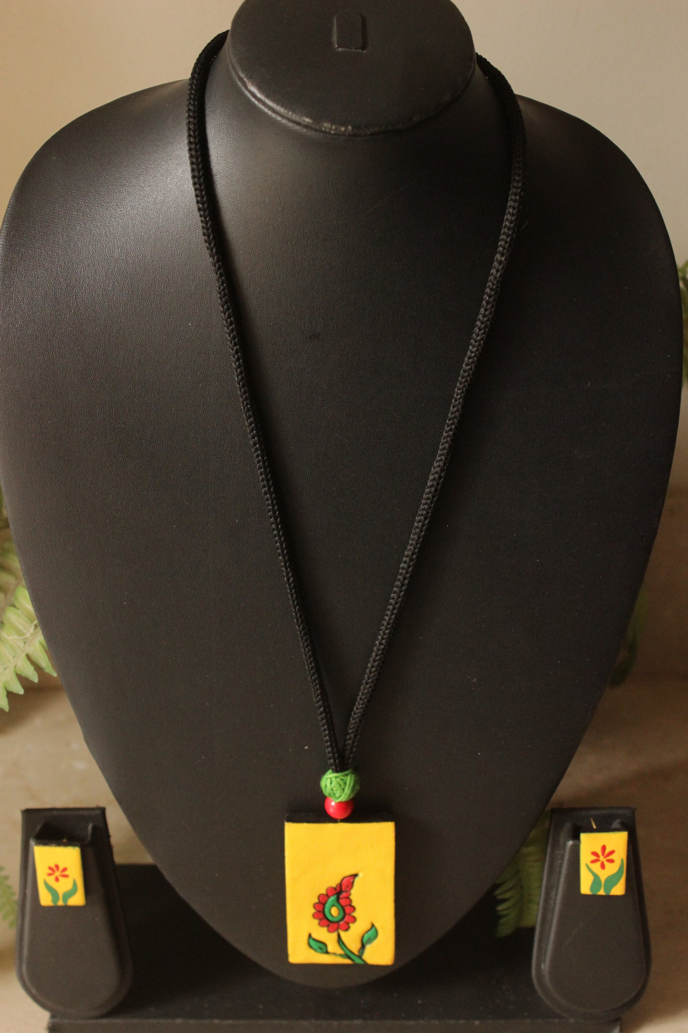 Hand Painted Flowers Terracotta Clay Necklace Set with Adjustable Length Cotton Dori Closure