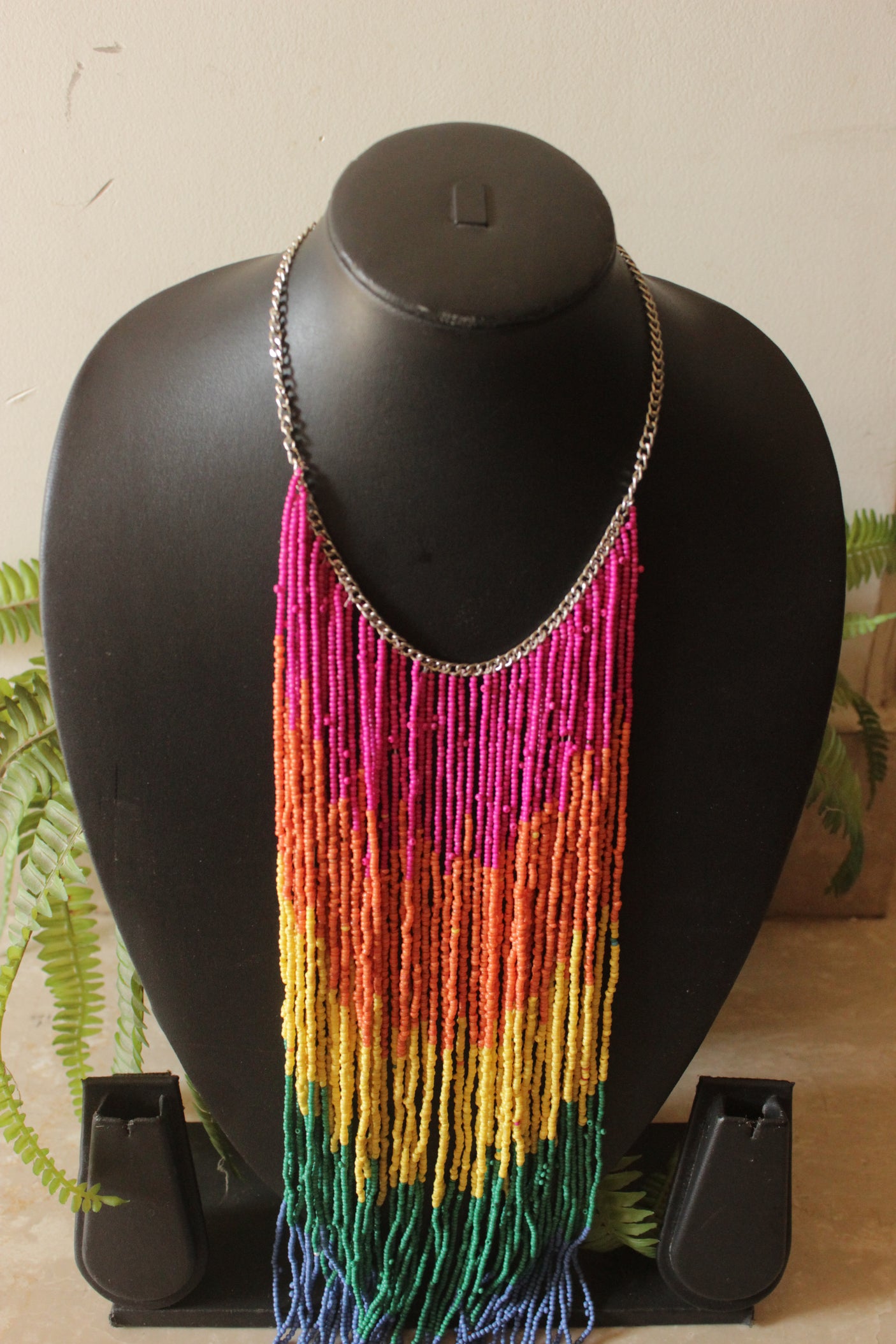 Beads and Metal Chains Statement Handmade Long Boho Choker Necklace