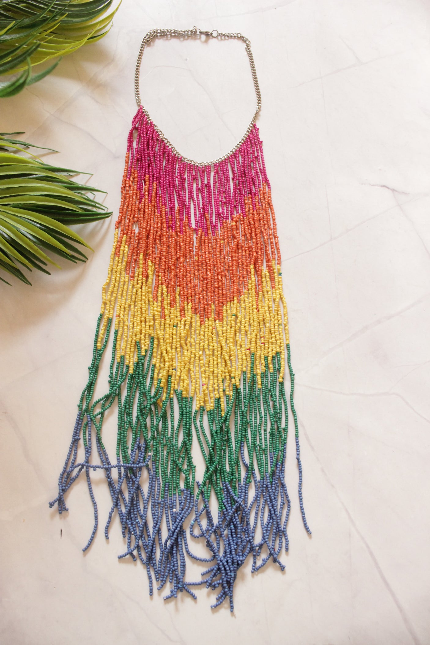 Beads and Metal Chains Statement Handmade Long Boho Choker Necklace