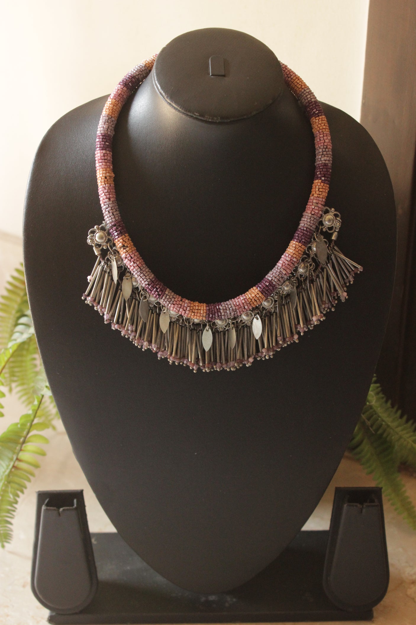 Beaded Choker Necklace with Boho Metal Charms