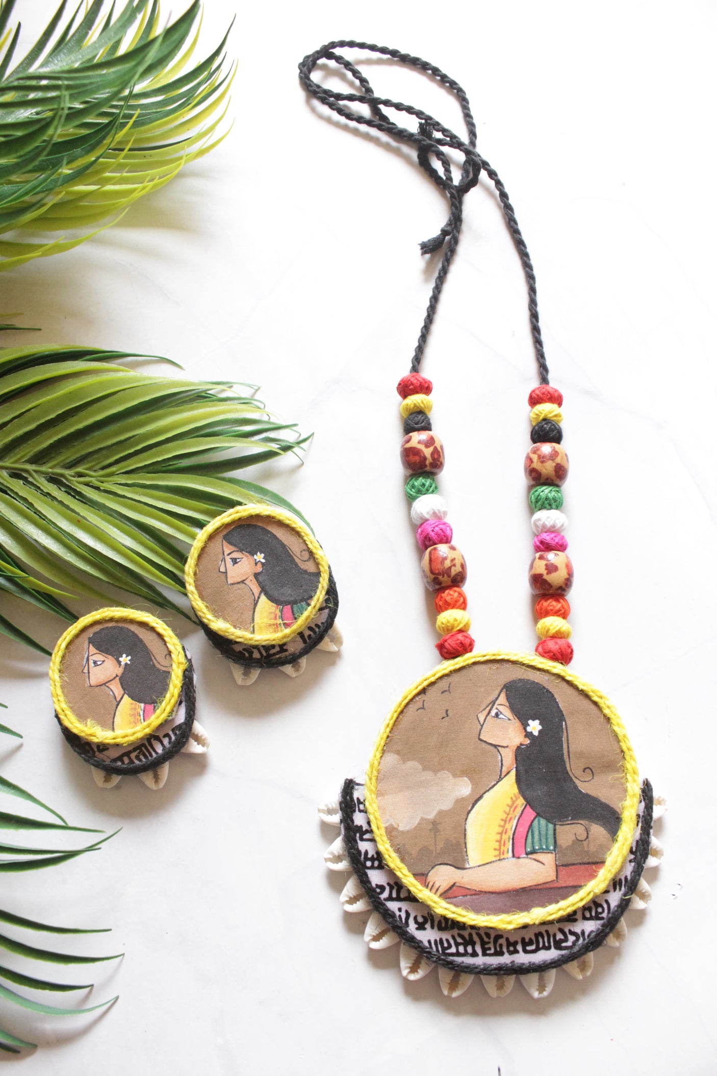 Hand Painted Woman and Mantra Printed Boho Fabric Necklace Set