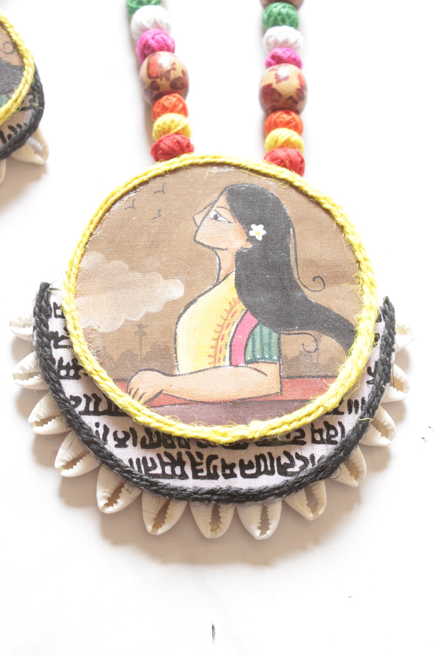 Hand Painted Woman and Mantra Printed Boho Fabric Necklace Set