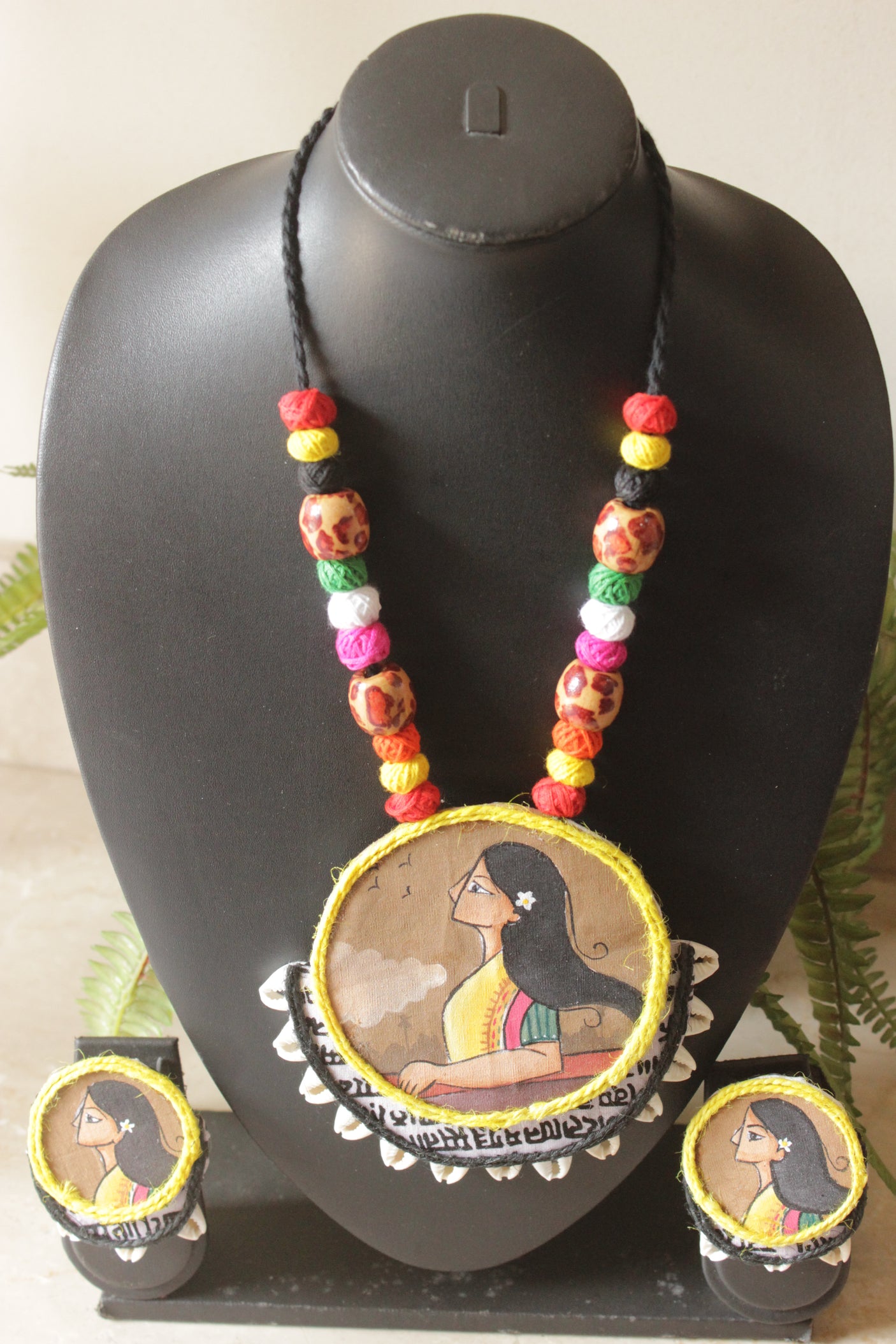 Hand Painted Woman and Mantra Printed Boho Fabric Necklace Set