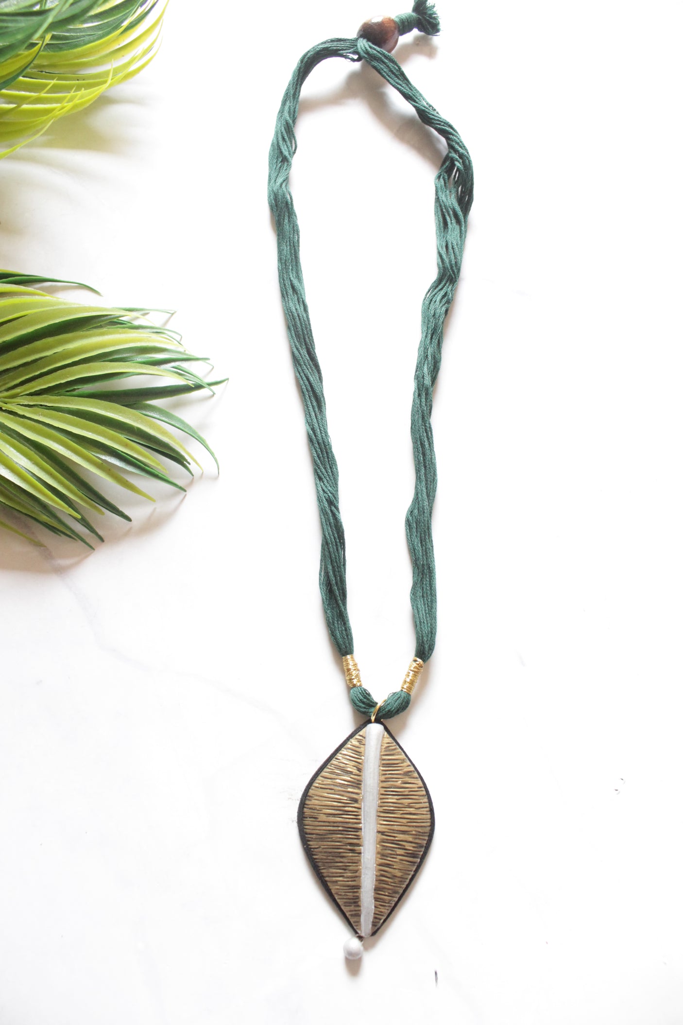 Handmade Leaf Pendant Terracotta Clay Necklace with Fabric Threads Closure