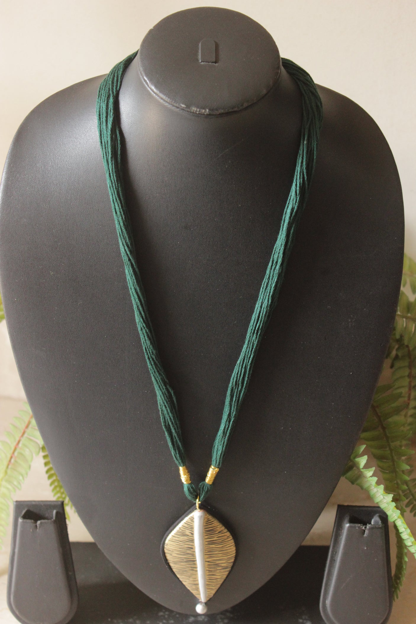 Handmade Leaf Pendant Terracotta Clay Necklace with Fabric Threads Closure