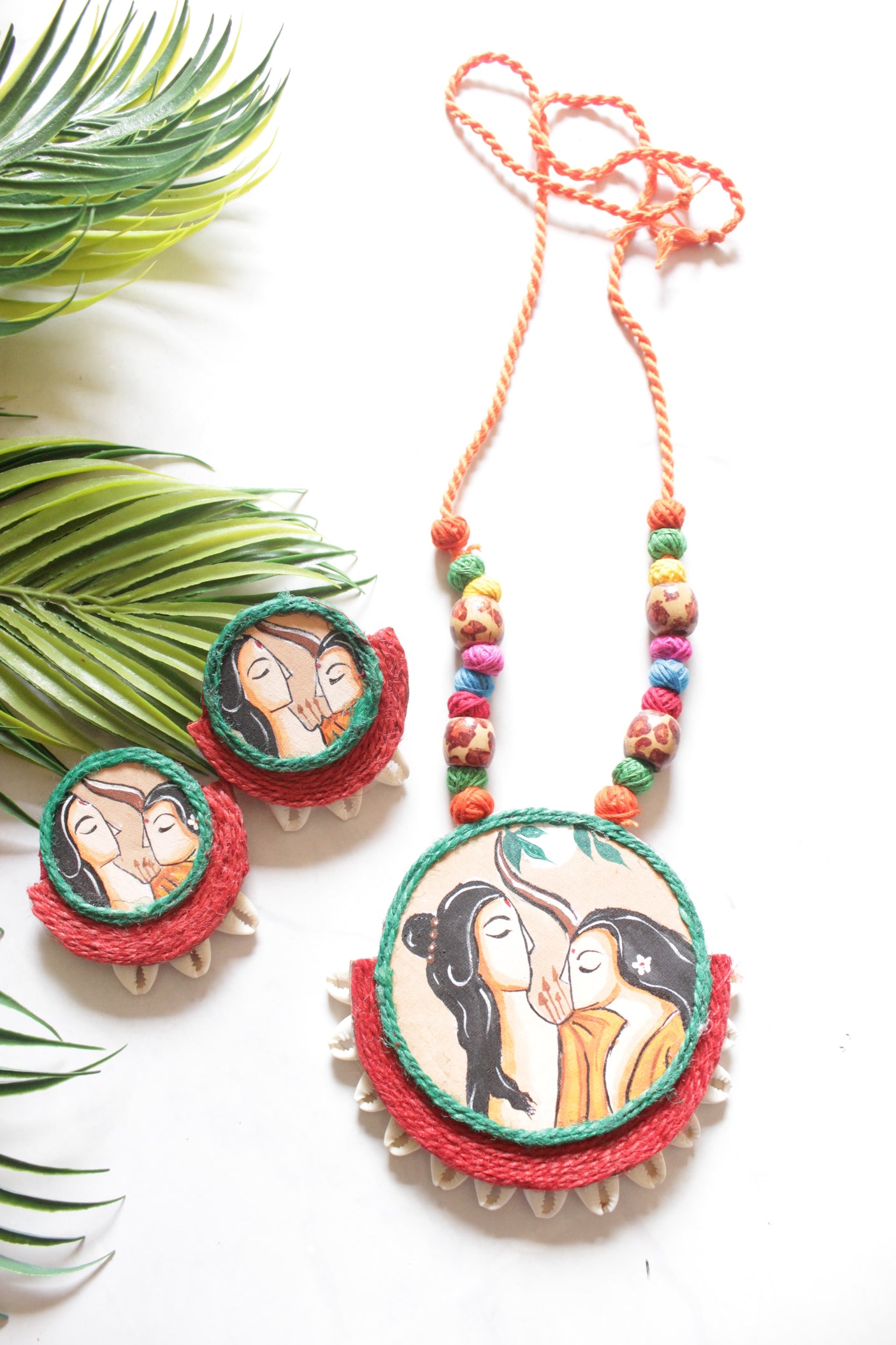 Hand Painted Radha Krishna Boho Fabric Necklace Set