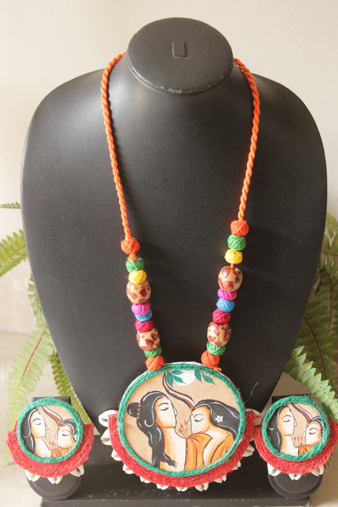 Hand Painted Radha Krishna Boho Fabric Necklace Set
