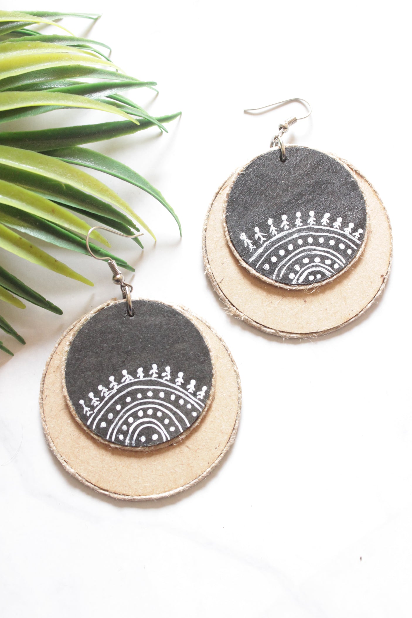 Handpainted Tribal Motifs Jute and Fabric Handmade Earrings