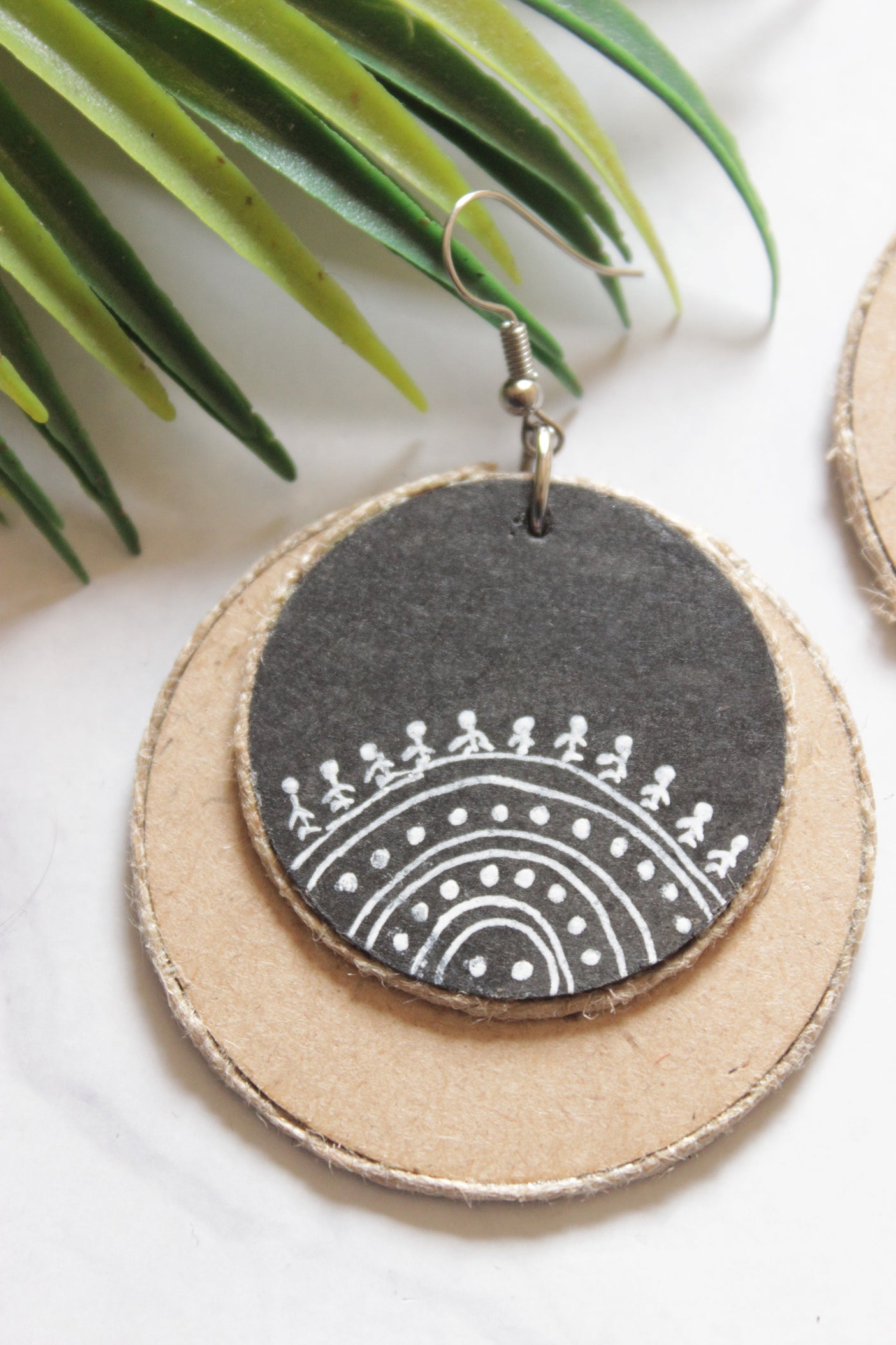 Handpainted Tribal Motifs Jute and Fabric Handmade Earrings