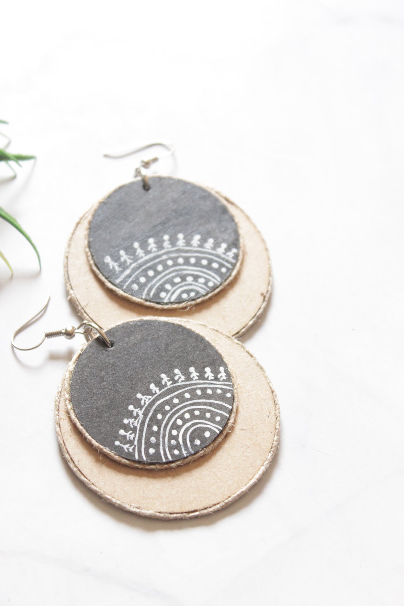 Handpainted Tribal Motifs Jute and Fabric Handmade Earrings