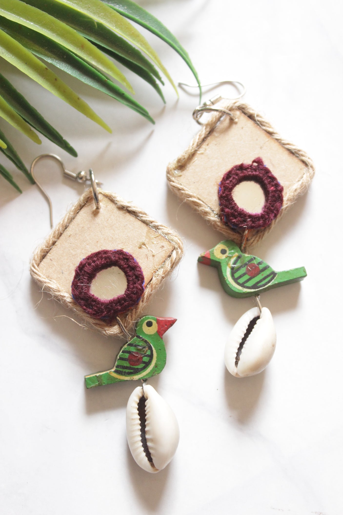 Handmade Jute and Fabric Bird Earrings