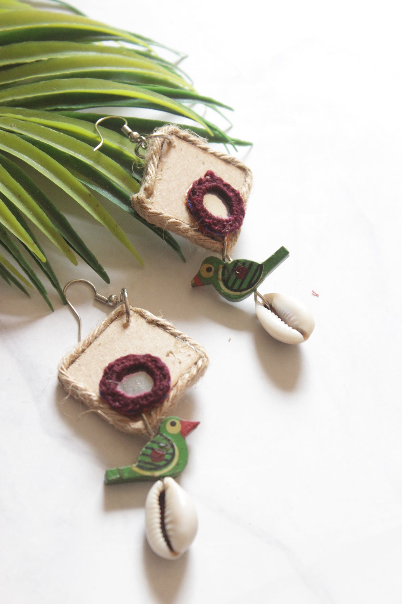 Handmade Jute and Fabric Bird Earrings