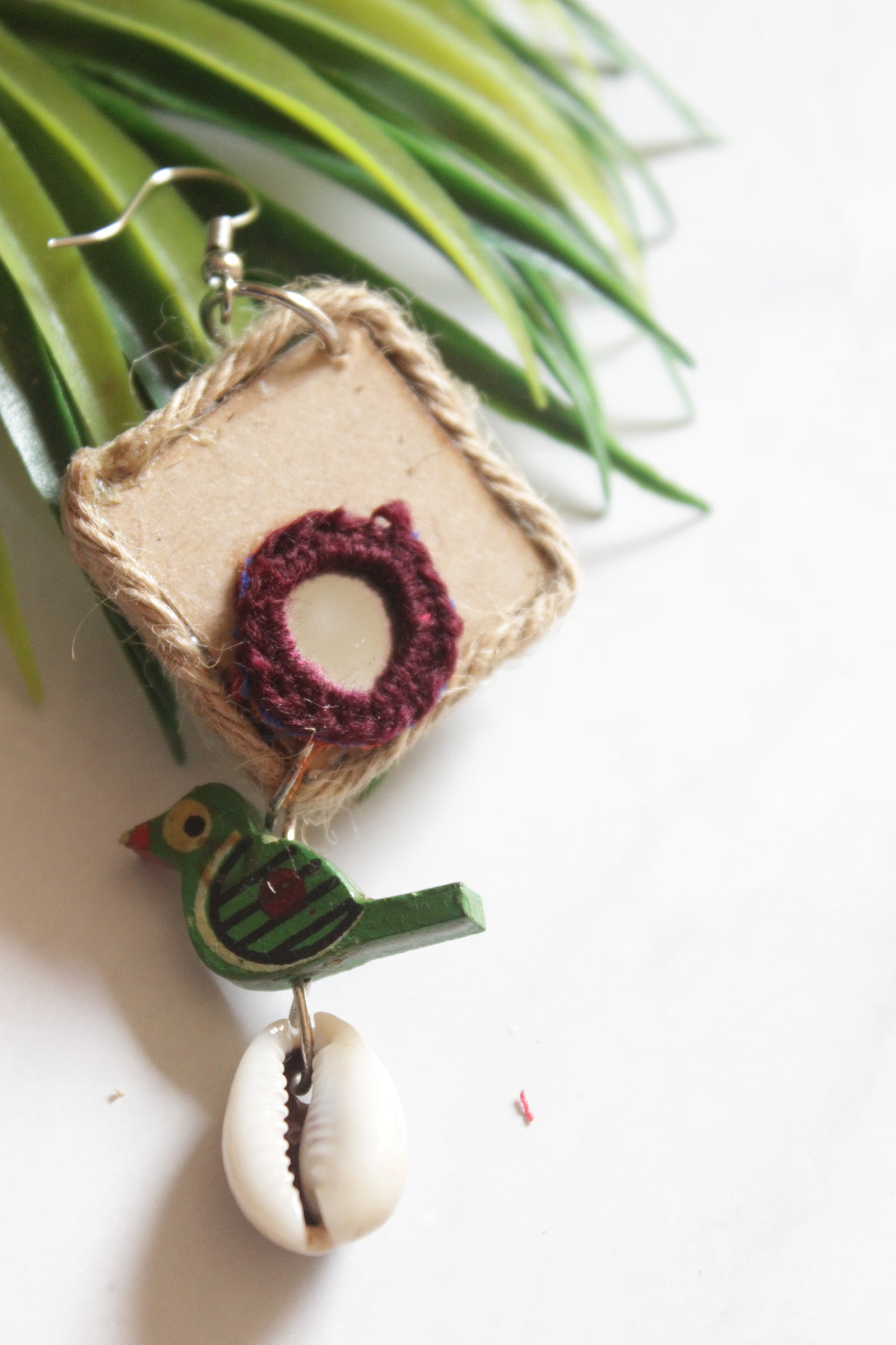 Handmade Jute and Fabric Bird Earrings