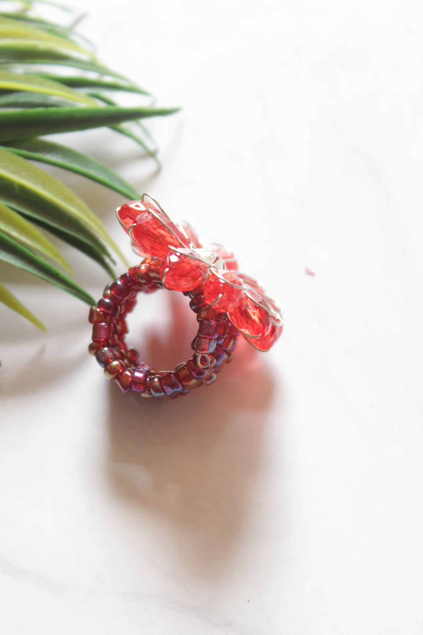 Red Glass Stones Silver Finish Adjustable Metal Ring