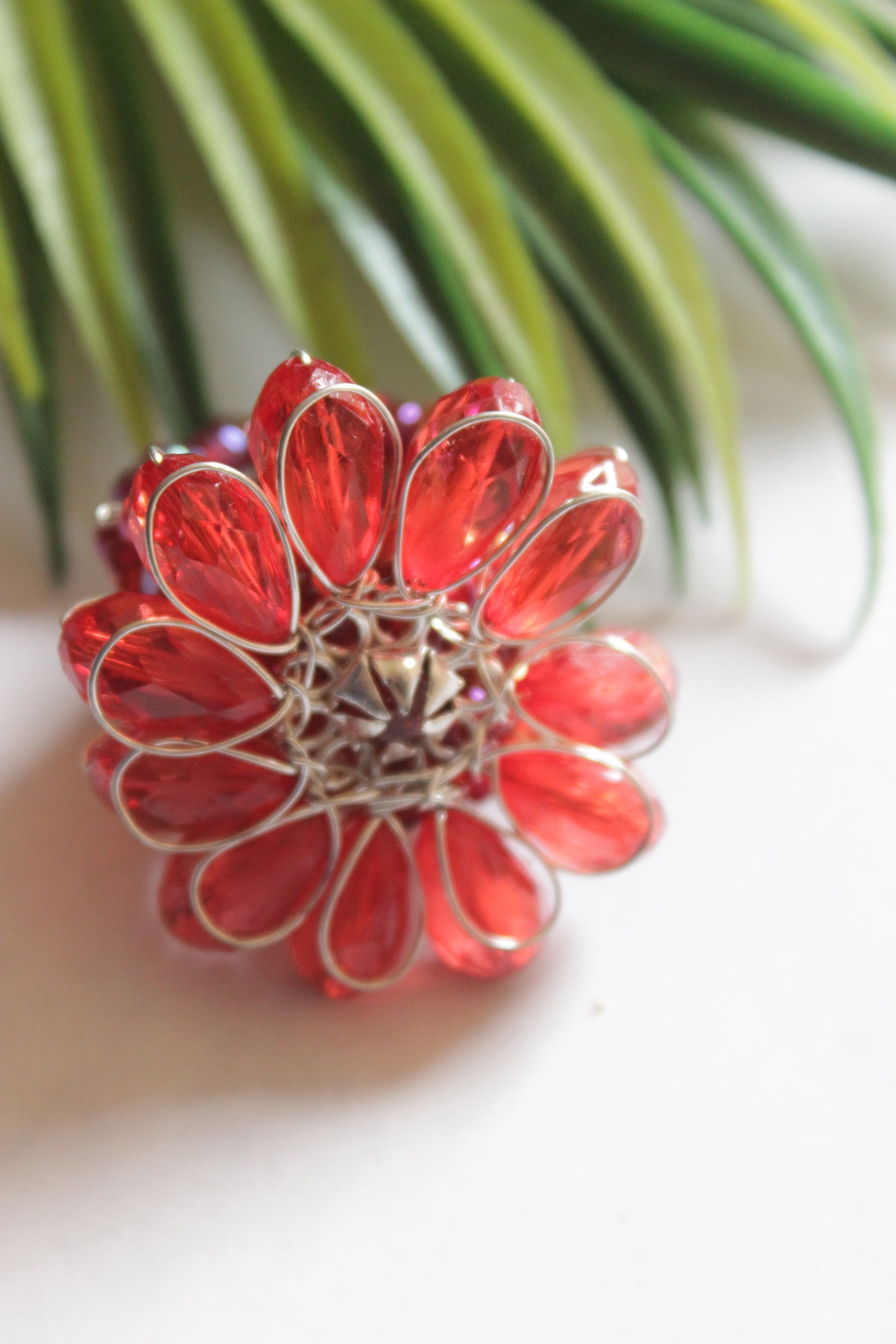 Red Glass Stones Silver Finish Adjustable Metal Ring