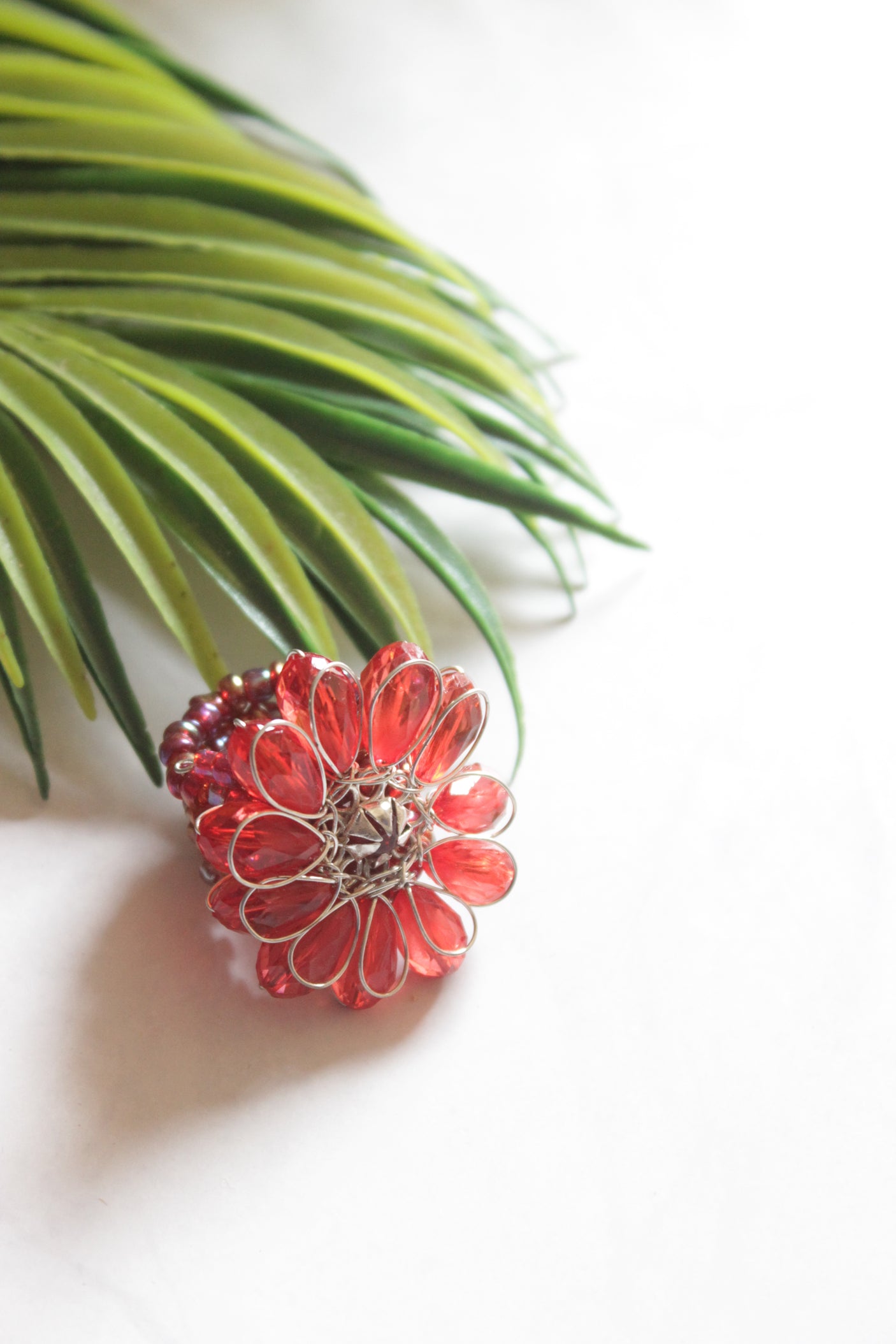 Red Glass Stones Silver Finish Adjustable Metal Ring