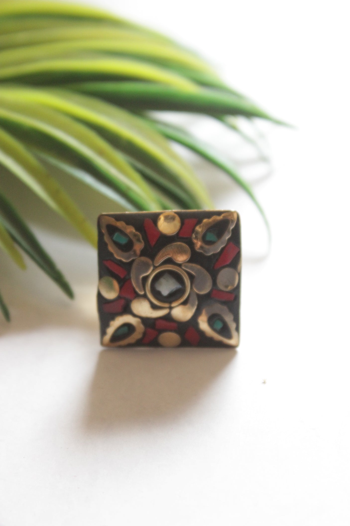 Square Black and Golden Tibetan Adjustable Ring