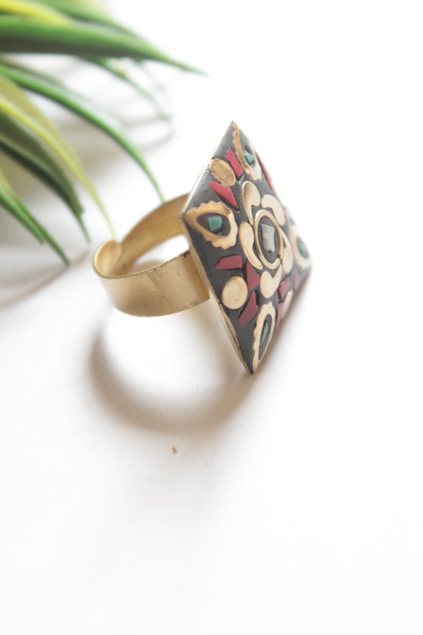 Square Black and Golden Tibetan Adjustable Ring