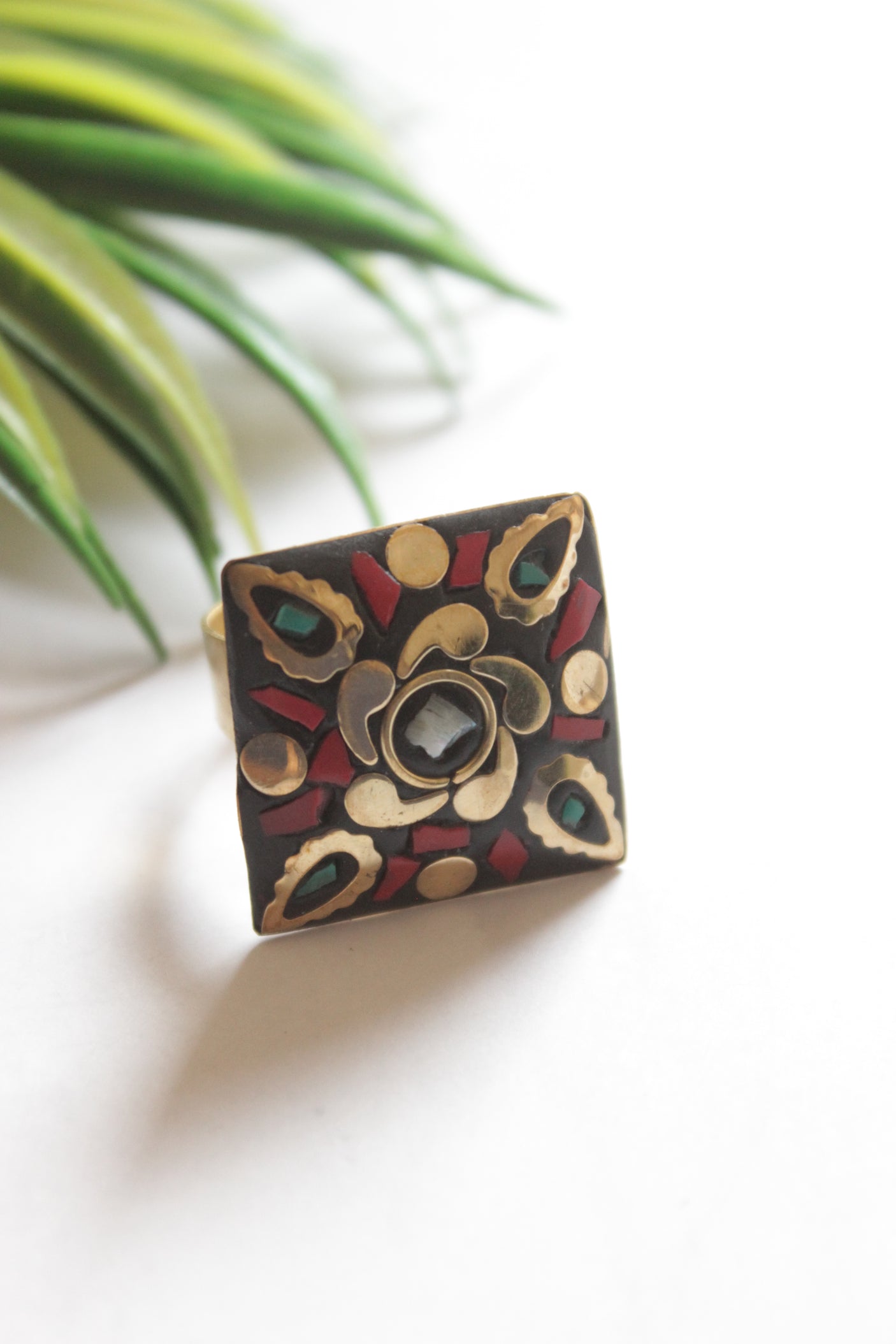 Square Black and Golden Tibetan Adjustable Ring