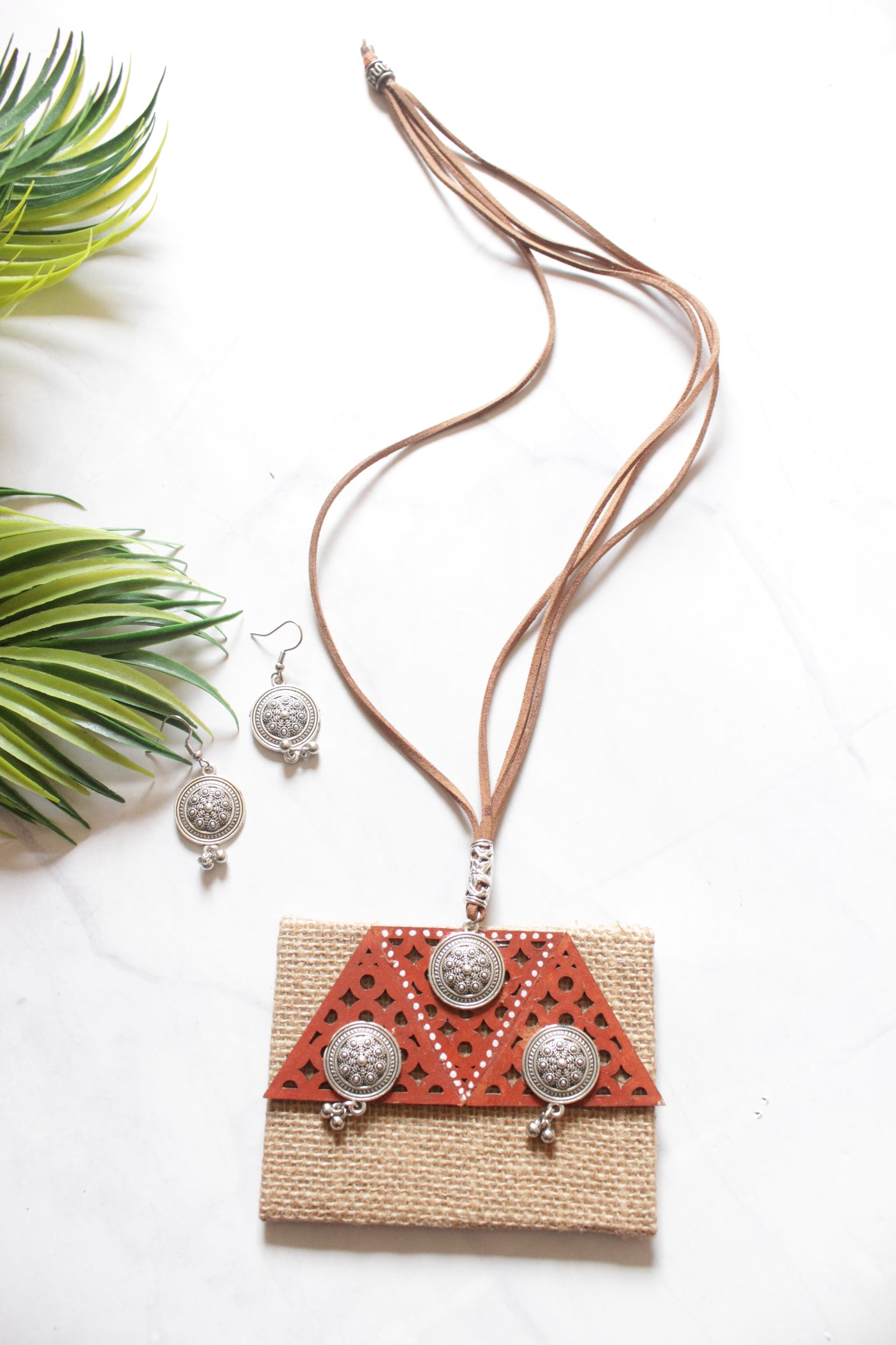 Jute and Leather Handmade Necklace with Stamped Metal Coins